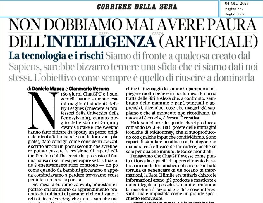 Antonio Palmieri (@antoniopalmieri) on Twitter photo L'intelligenza artificiale non esiste in natura ma è una costruzione dell'uomo. Quindi il tema siamo noi. Da leggere <a href="/Daniele_Manca/">daniele manca</a> e Gianmario Verona oggi sul <a href="/Corriere/">Corriere della Sera</a>. Servono consapevolezza, studio, responsabilità, buona comunicazione. Da parte di tutti. Tutti! #4giugno L'intelligenza artificiale non esiste in natura ma è una costruzione dell'uomo. Quindi il tema siamo noi. Da leggere <a href="/Daniele_Manca/">daniele manca</a> e Gianmario Verona oggi sul <a href="/Corriere/">Corriere della Sera</a>. Servono consapevolezza, studio, responsabilità, buona comunicazione. Da parte di tutti. Tutti! #4giugno