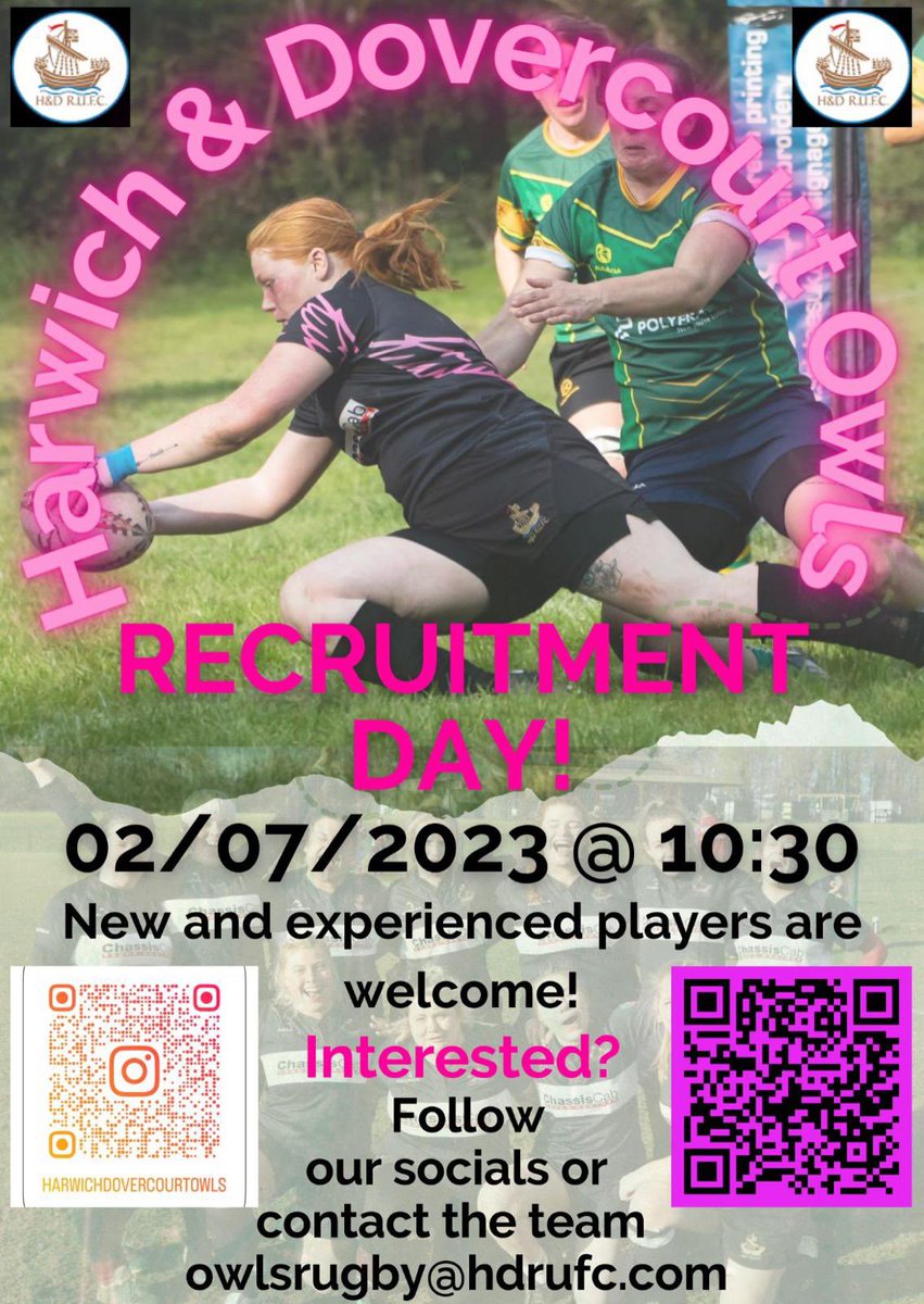🚨 Owls Recruitment Day 🚨 

Calling old and new players!! We want you!! 

Try something new, Make lifelong friends, Become part of a team! 

🦉Join us at Harwich Rugby Club for our fun day🦉

▪️Family ▫️Community ▪️Respect ▫️Teamwork ▪️Enjoyment ▫️Discipline ▪️Sportsmanship