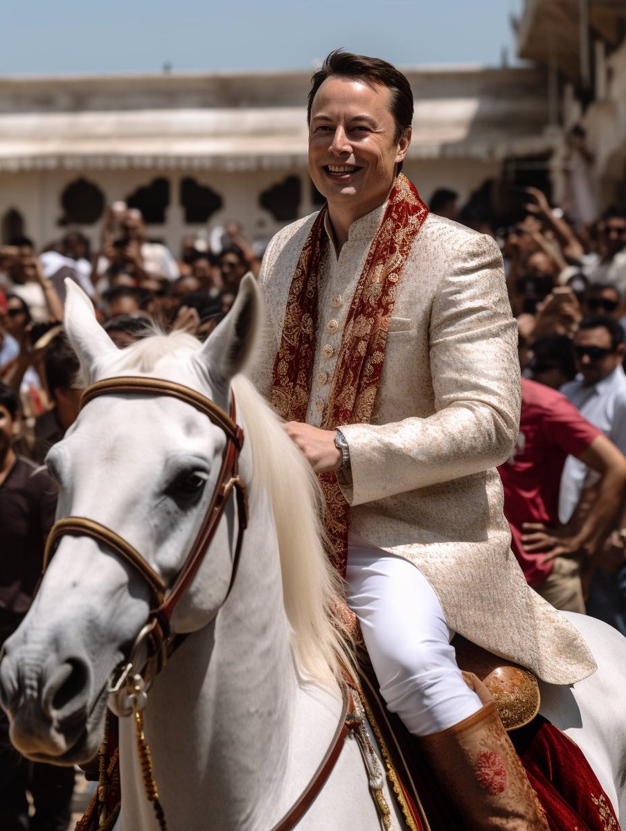 RollingCanvas's tweet photo. When Elon Musk had an Indian wedding - in my imagination :)

From the times when we used to paint our imagination on paper to now, when we can convey our ideas to computers/AI and it brings them to reality. 

#notreal #ai #images #midjourney #elonmusk #indianwedding https://t.co/nXRAlQxJR3