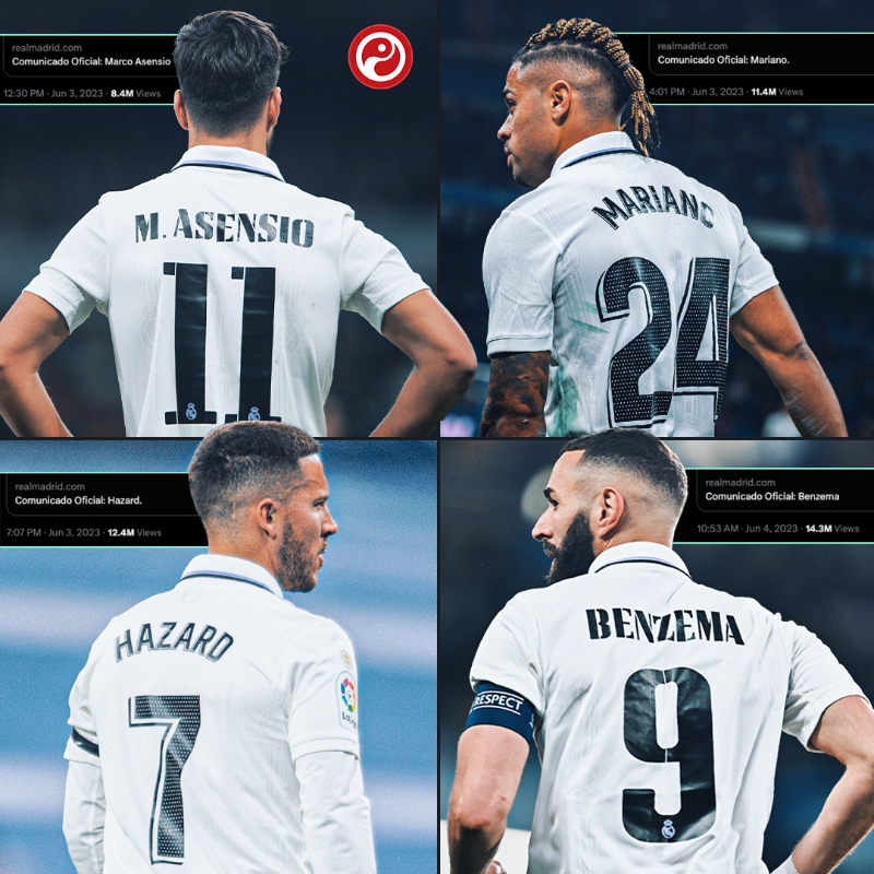 Squawka's tweet photo. June 3rd
◉ 12:30 - Comunicado Oficial: Asensio
◉ 16:01 - Comunicado Oficial: Mariano
◉ 19:07 - Comunicado Oficial: Hazard

June 4th
◉ 10:53 - Comunicado Oficial: Benzema

Real Madrid's No.7, No.9 and No.11 shirts are all available...