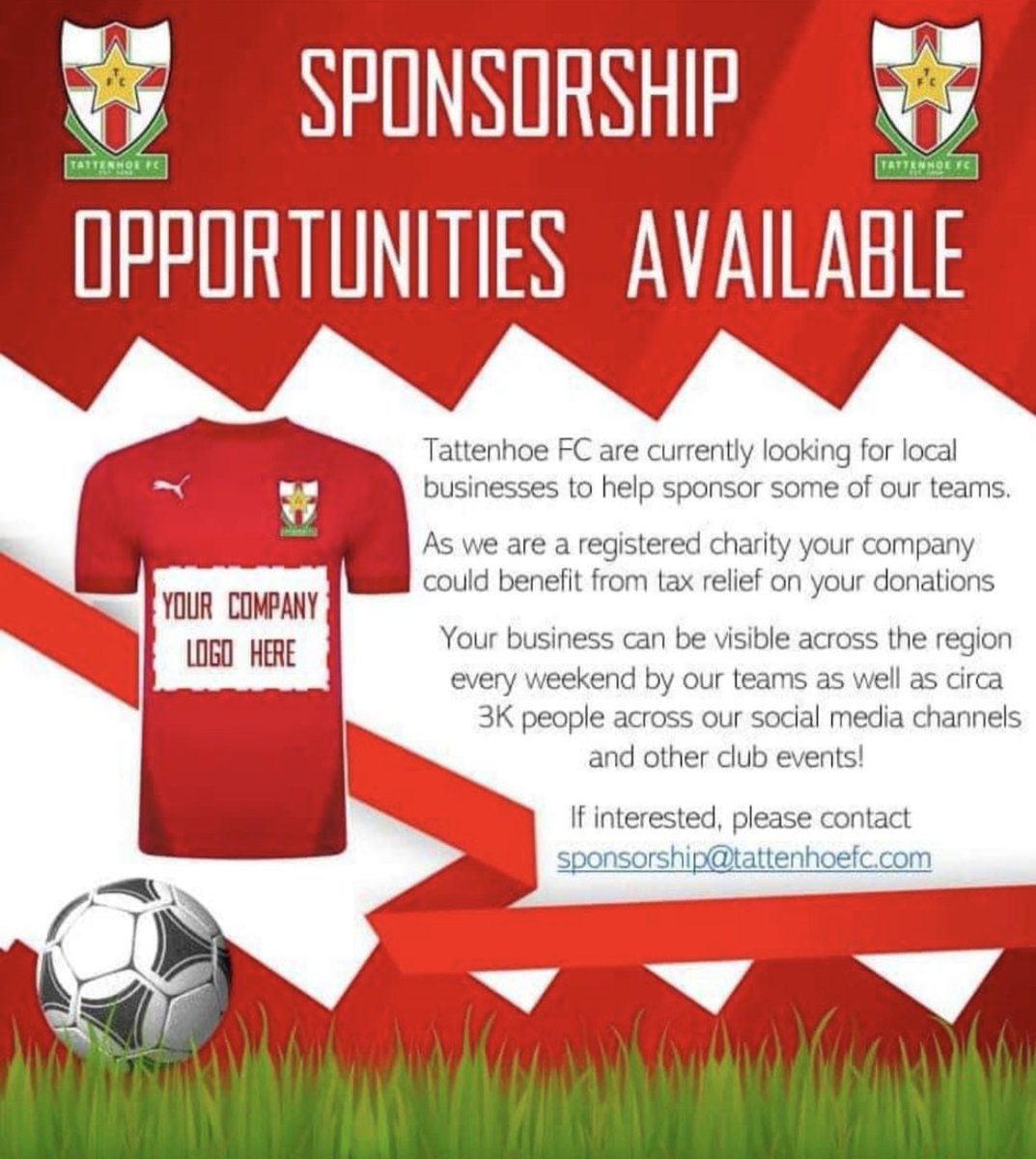 Tattenhoe FC (@_tattenhoe_fc) on Twitter photo A big thank you to all our new sponsors 👏🏻
We do still have some teams that are looking for sponsorship ……
If you are interested in sponsoring a grassroots football team please contact Matt Baker sponsorship@tattenhoefc.com A big thank you to all our new sponsors 👏🏻
We do still have some teams that are looking for sponsorship ……
If you are interested in sponsoring a grassroots football team please contact Matt Baker sponsorship@tattenhoefc.com