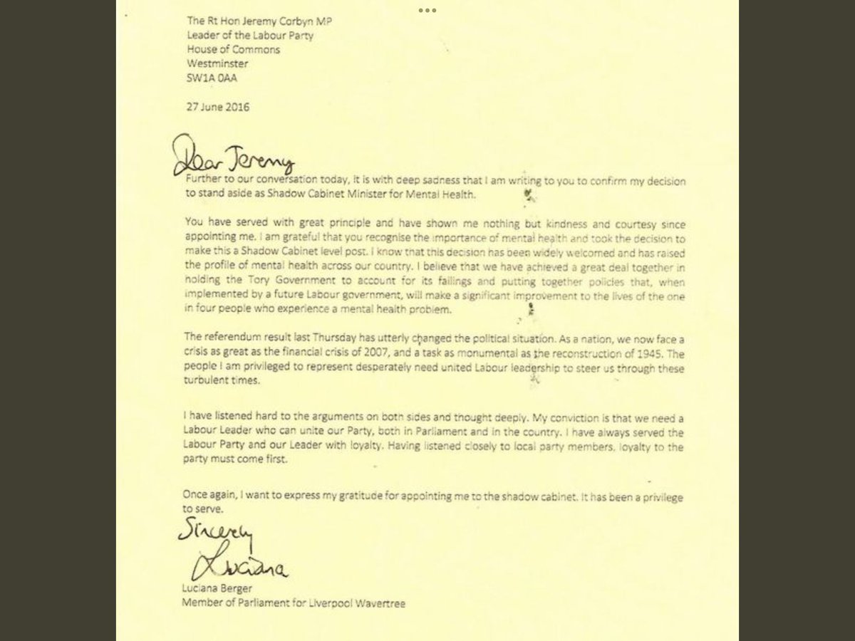 Fascinating resignation letter by Luciana Berger to Corbyn. She said that he had shown her nothing but 'kindness and courtesy' and she said nothing re antisemitism. I think she must have been lying about the unity thing. #ItWasAScam