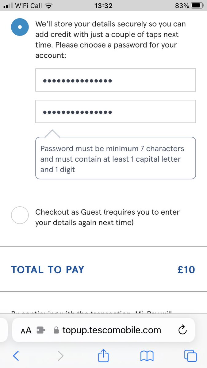 twwooer's tweet image. @tescomobile I tried using this password 
ZUs-TVE-PK8-AYE
Looks to me to
- be more than 7 characters 
- contain at least 1 capital letter and 1 digit
but not according to your website
Checkout as guest it is
#crapsoftware