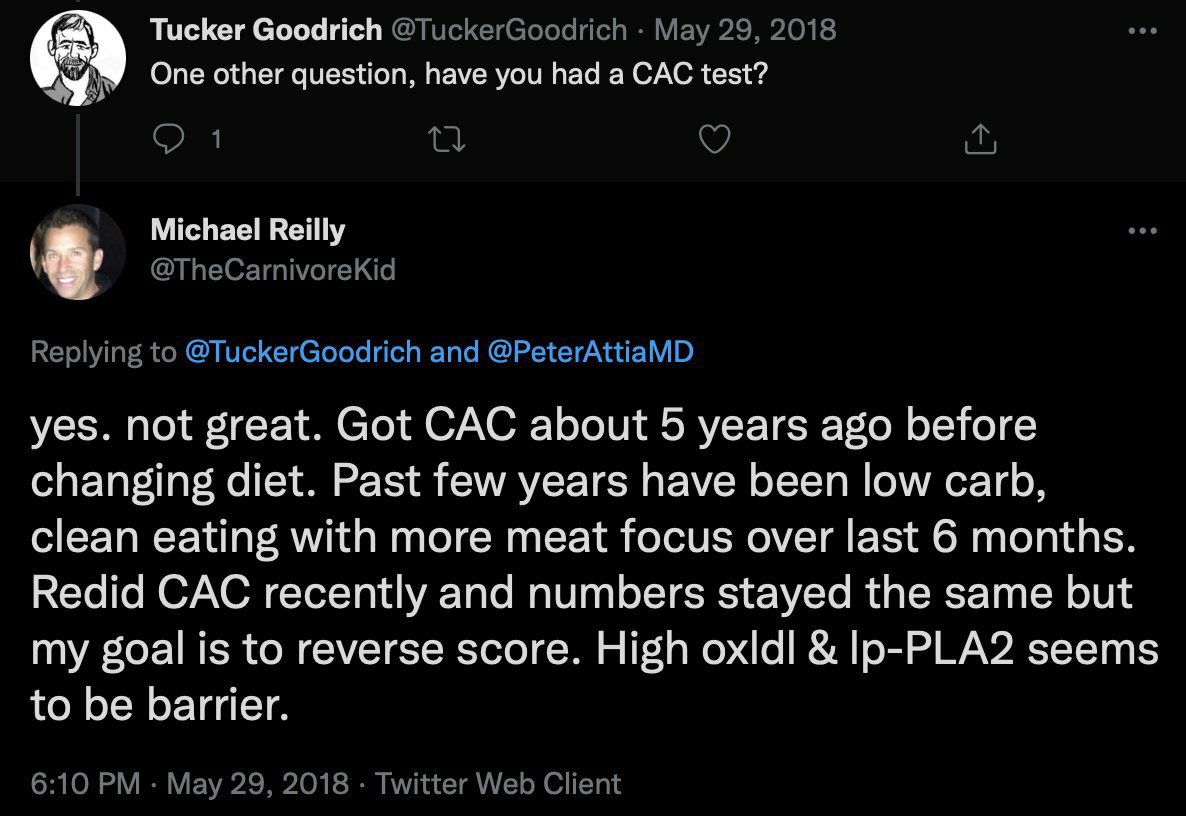 @professionaldog CAC score problematic BEFORE low carb, took TRT and has a family history of FH. Spreading misinformation when you didn’t even read the thread is unacceptable.