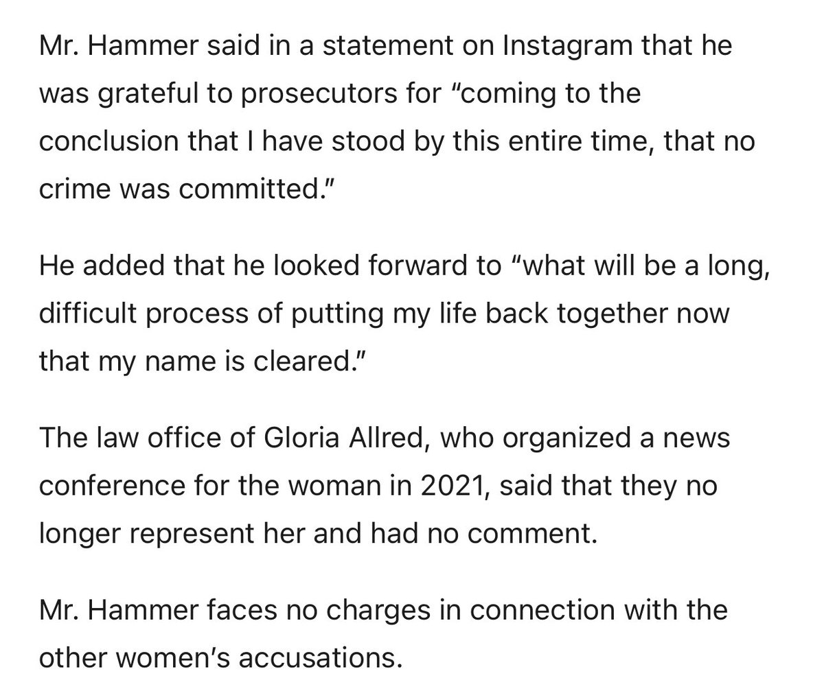I missed that the case against Armie Hammer had been dropped. He faces no charges in connection with any of the stories about him. nytimes.com/2023/05/31/art…