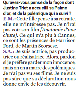 L'égoïsme et la connerie de 2 'artistes',  Sabine Azéma et Eddy Mitchell, la vieillesse est un naufrage surtout dans le domaine artistique.
Je remercie encore Justine Triet qui reste les pieds sur terre, les artistes oublient qu'ils vivent confortablement grâce au petit peuple 🖕