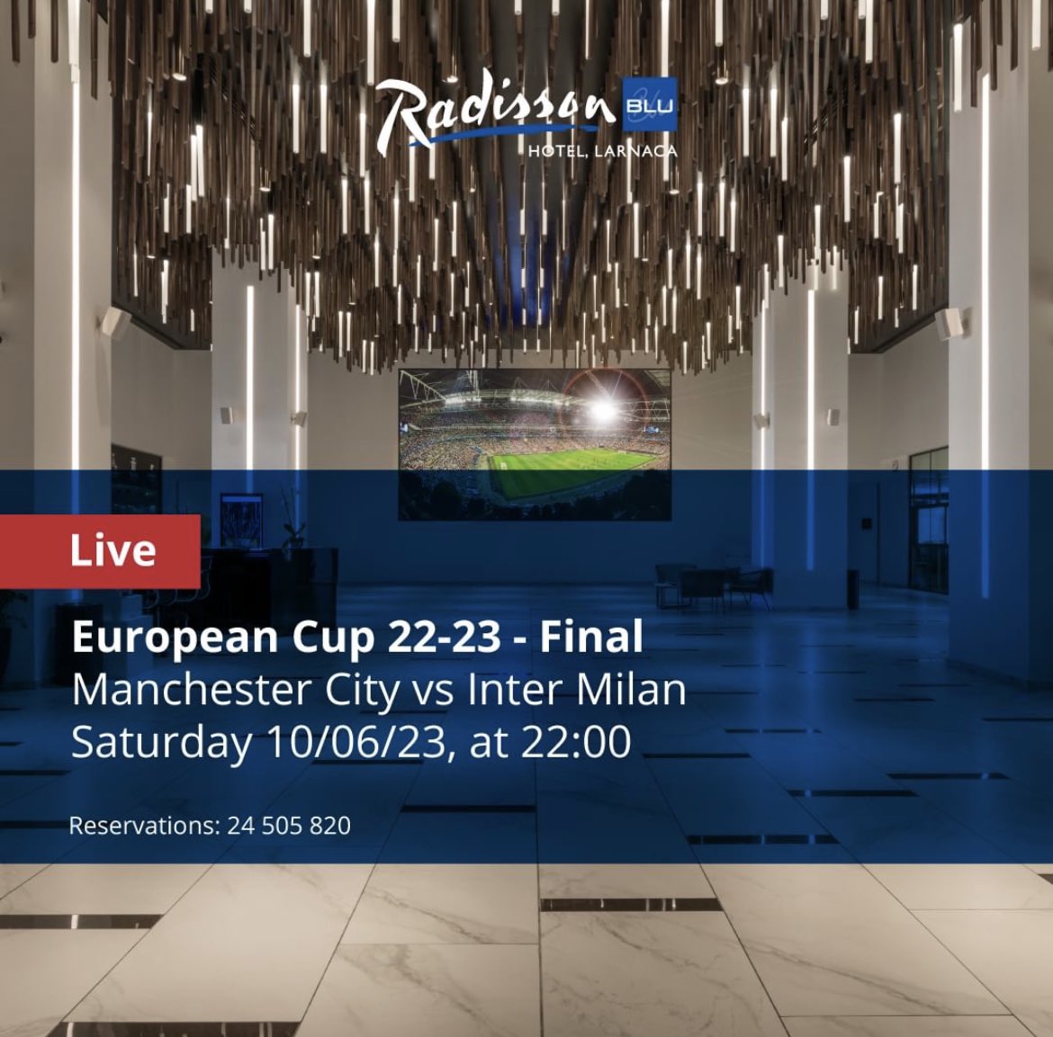 radissonlarnaca's tweet photo. Join us at Radisson Blu for the ultimate Champions League Final viewing experience! 🏆⚽️

📅 Date: 10th June
🕙 Time: 22:00 PM
📍 Location: Radisson Blu Hotel Larnaca, Ground Floor

Watch the football game from the 3.57m high and 6.18m wide screen! 

📞RSV: +357 24 505820 https://t.co/tfN5GgQMcs