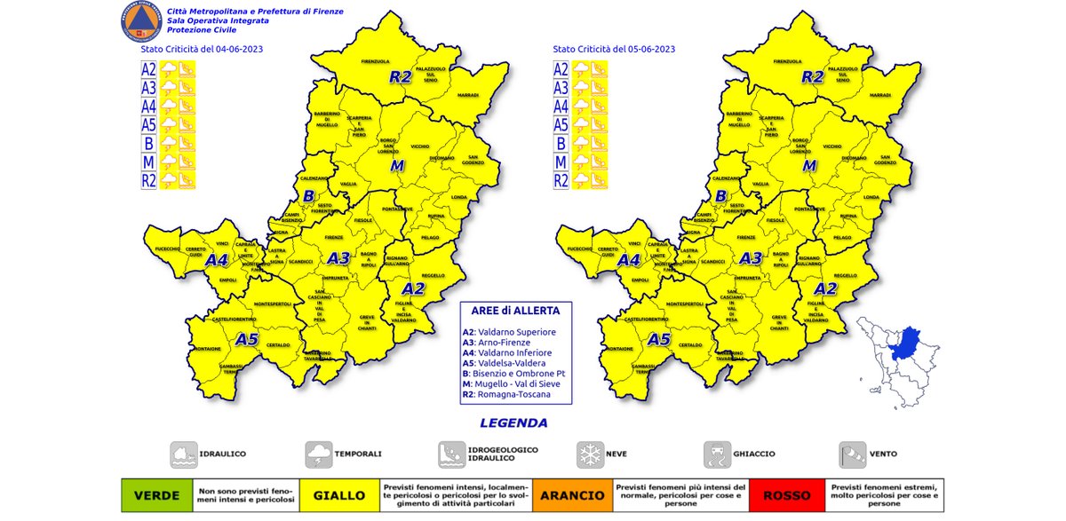 #MetroFirenze #AllertaMeteoTOS in corso e prorogato fino a tutto domani 5/6 #CodiceGiallo per rischio #Temporali Forti e #Idrogeologico-Idraulico reticolo minore su tutto il territorio della Città Metropolitana.