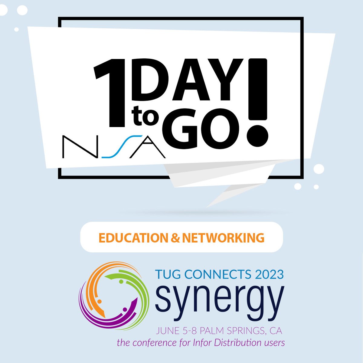 NSAComputerExch's tweet image. The wait is almost over – TUG CONNECTS 2023 | Synergy starts TOMORROW. Join us for the biggest industry event of the year 💙 

We can’t wait to see you there! rpb.li/Usp

@Infor

#NSAComputerExchange #TUGConnects #InforDistribution #TC23Synergy