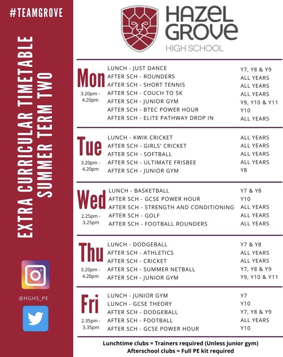 Check out our new PE extra-curricular timetable for the final half term of the year! Some new additions along with some of our summer favourites ☀️💪 

Get involved #teampe #teamgrove #finishtheyearstrong 🥎🥏⛳️⚾️🏋🏽‍♀️🎾🏏