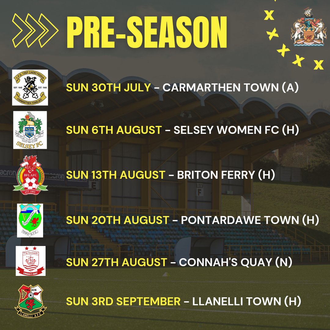 Our 2023-24 𝗣𝗿𝗲-𝗦𝗲𝗮𝘀𝗼𝗻 𝘀𝗰𝗵𝗲𝗱𝘂𝗹𝗲 will see us face ⬇️

@CarmarthenWomen @selseywfc @BFLLAFC @PontyLFC @the_nomads @LlanelliLadies
🟡🔵⚽ #yourtownyourteam