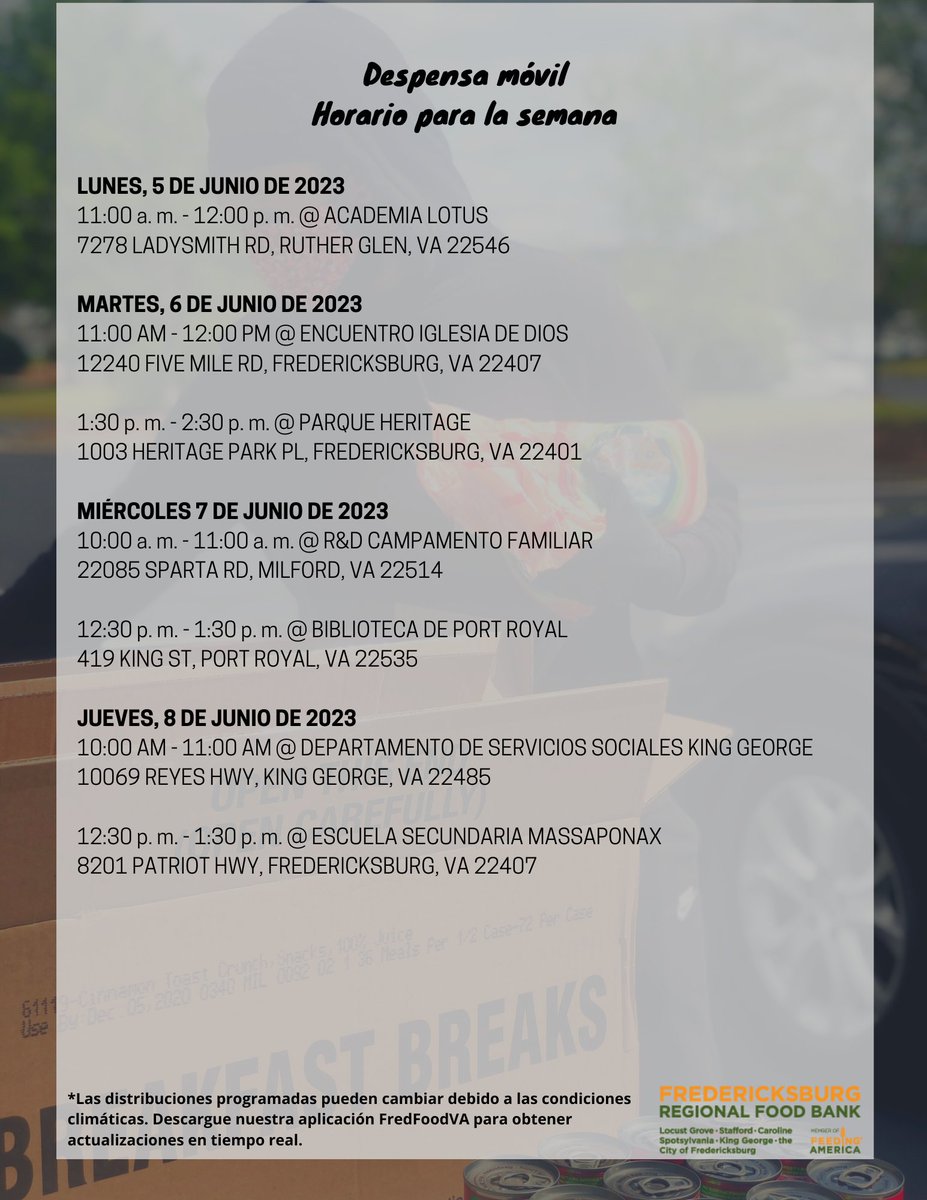 Here's our Distribution Schedule for the week. You can find information about all of our upcoming distributions on our Facebook Events Page: facebook.com/fredfoodva/eve…