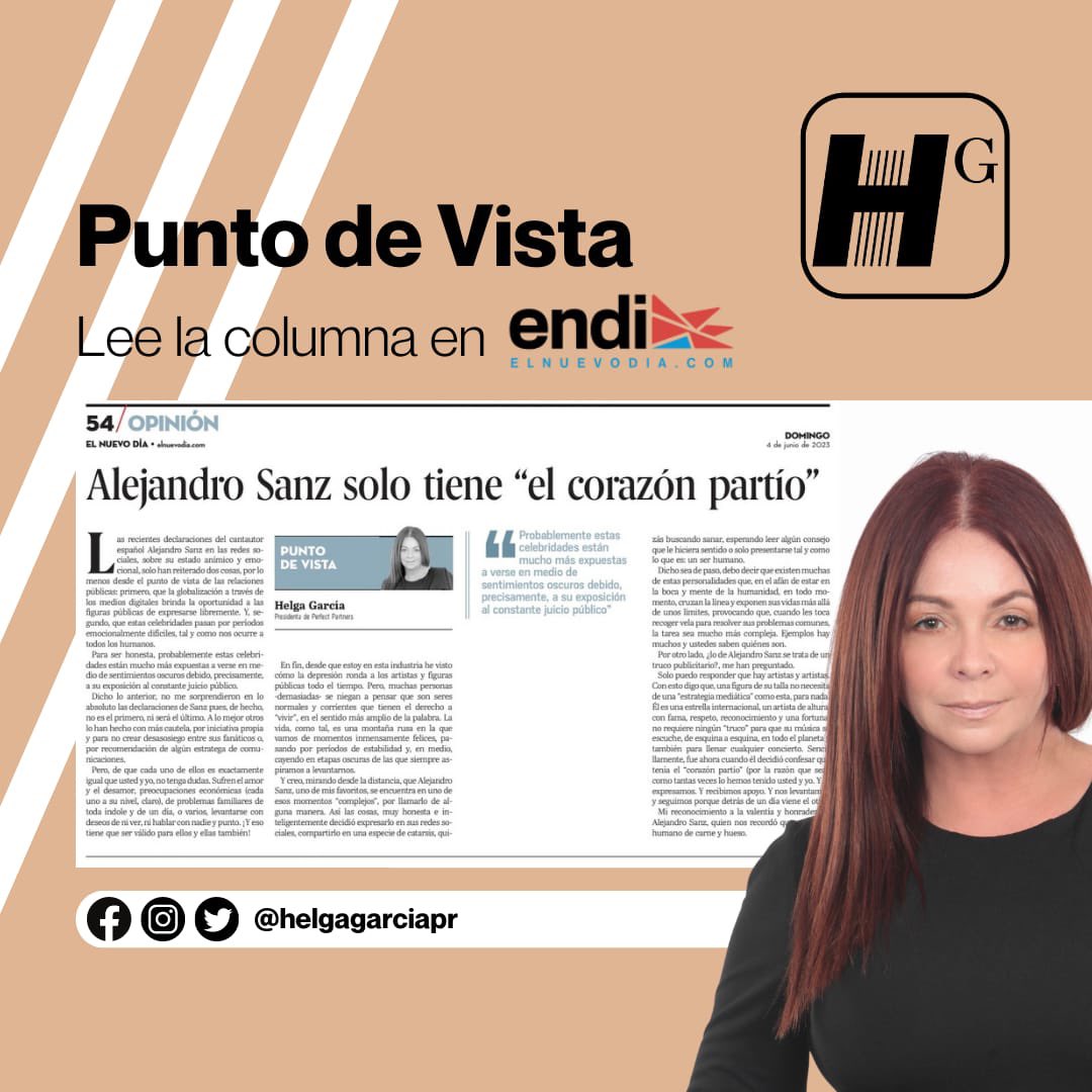 Comparto mi columna en el
impreso de <a href="/ElNuevoDia/">El Nuevo Día</a> sobre el “tuit” de uno de los artistas más talentosos del planeta <a href="/AlejandroSanz/">Alejandro Sanz</a> quien sorprendió al mundo con una confesión genuina sobre su estado emocional. Columna también en web 
elnuevodia.com/opinion/punto-…