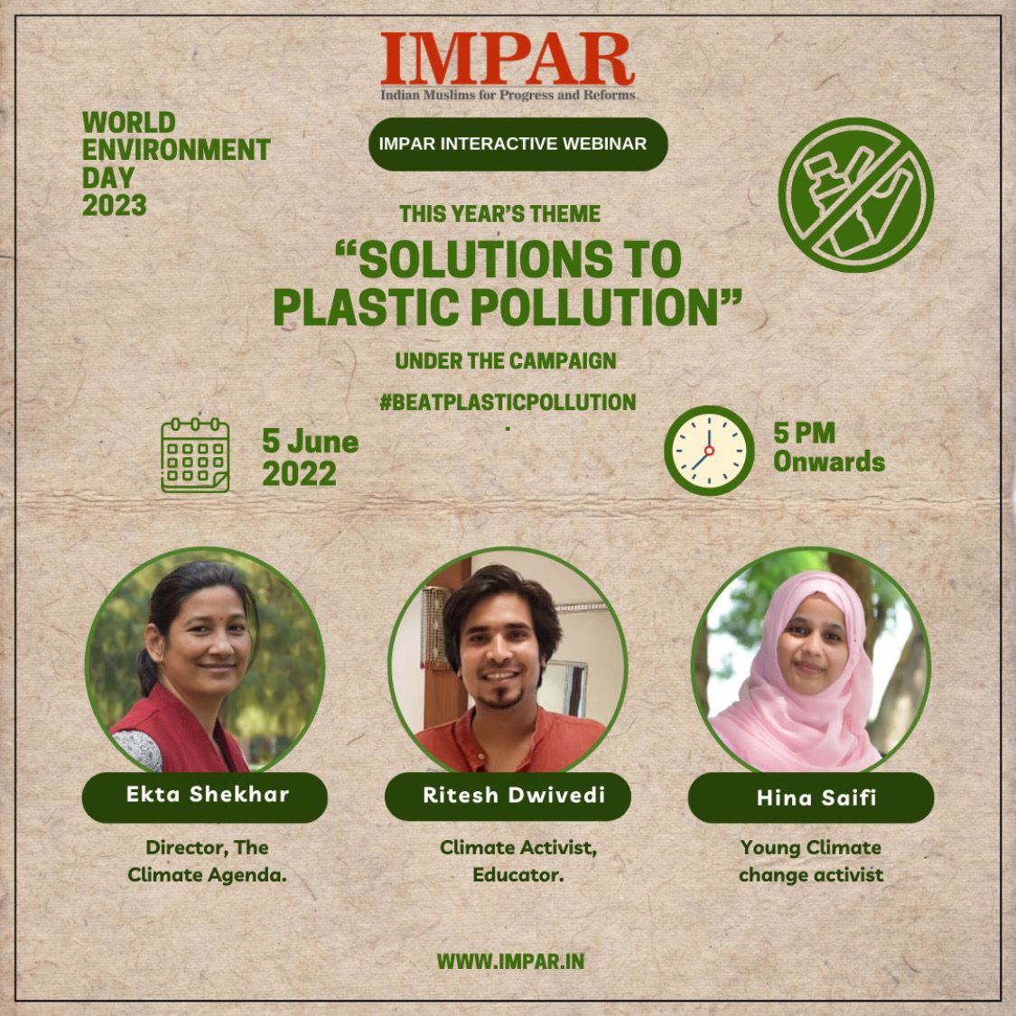 impar_india's tweet photo. On the occasion of World Environment Day, We would like to invite you to our upcoming webinar on this year theme "Solutions to Plastic Pollution"
under the campaign #BeatPlasticPollution. 

The webinar will take place on Zoom at Time: Jun 5, 2023, 05:00 PM
https://t.co/0gPVgVtuUG https://t.co/0k0Q9UI8PV