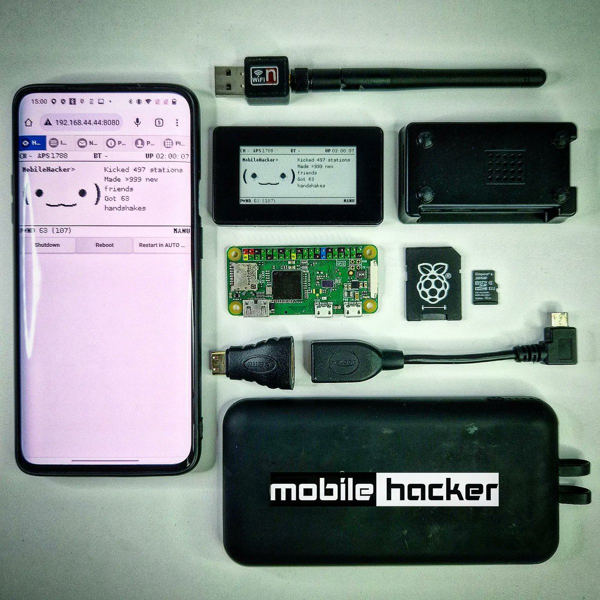 Pwnagotchi Arsenal 📲
The pwnagotchi is connected via Bluetooth and controlled using Android smartphone
✅️ Disassembled pwnagotchi: Raspberry Pi Zero WH, OTG cable, HDMI to mini HDMI, Waveshare v2 display, micro SD card, external battery,external wifi adapter and OnePlus 7T Pro