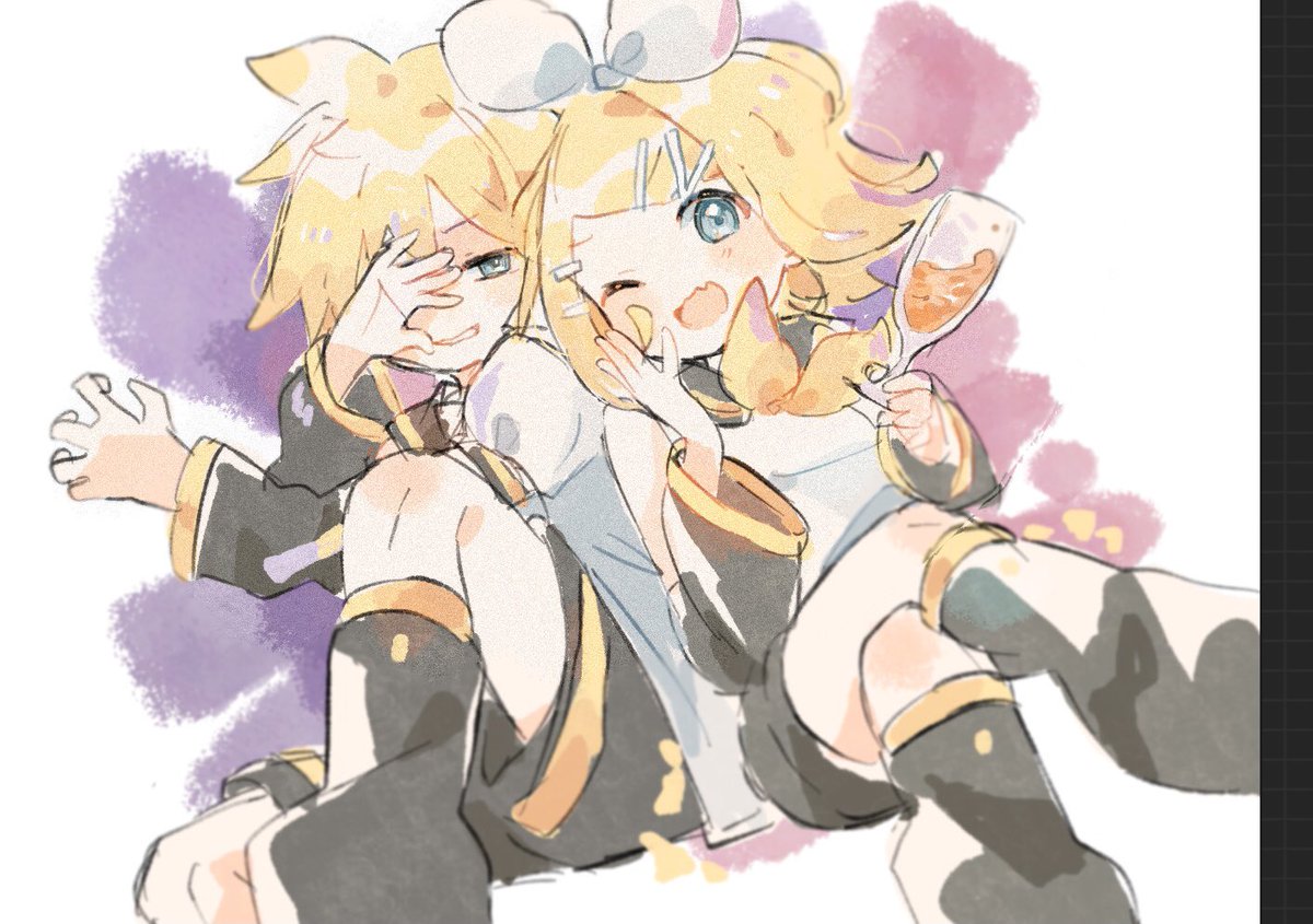 鏡音レン ,鏡音リン 「悪役っぽいポーズをリクエストされた鏡音という感じの絵」|こめまめ🍙のイラスト