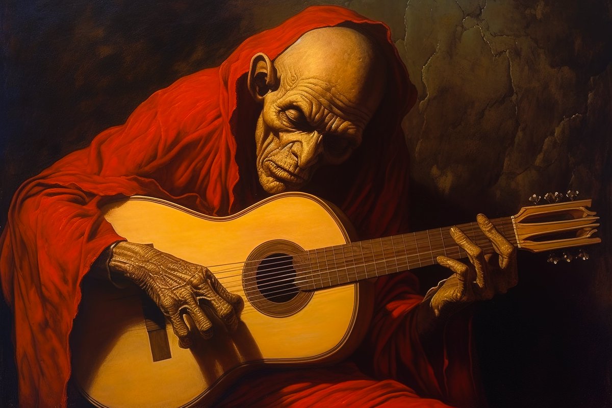 WraaeDesign's tweet image. Beneath the guise of his fearsome visage, a melody weaves an enchanting spell.

#ClassicalGuitar #MusicMystery #RedRobeReverberations #OldMaestro #HauntingMelodies #ScaryButMusical #wraaedesign #digitalartists #digitalartworks #digitalarts #midjourney #midjourneyart #AIArtist
