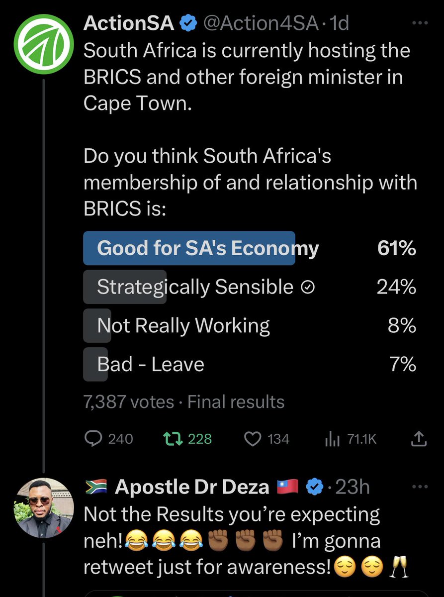 @business I know you don’t like it but your Colonial Clerks run a Poll & they were also disappointed by the Rusults! 🙄🤷🏾‍♂️ Listen Mesonu we are BRICS & BRICS IS US! Uyayiva Ke Tapole?😌😌🥂