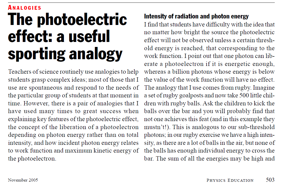Hookean1's tweet photo. Useful sporting analogies for explaining aspects of the photoelectric effect, from @DocWhalley🙂 https://t.co/BVCM5U96Iy