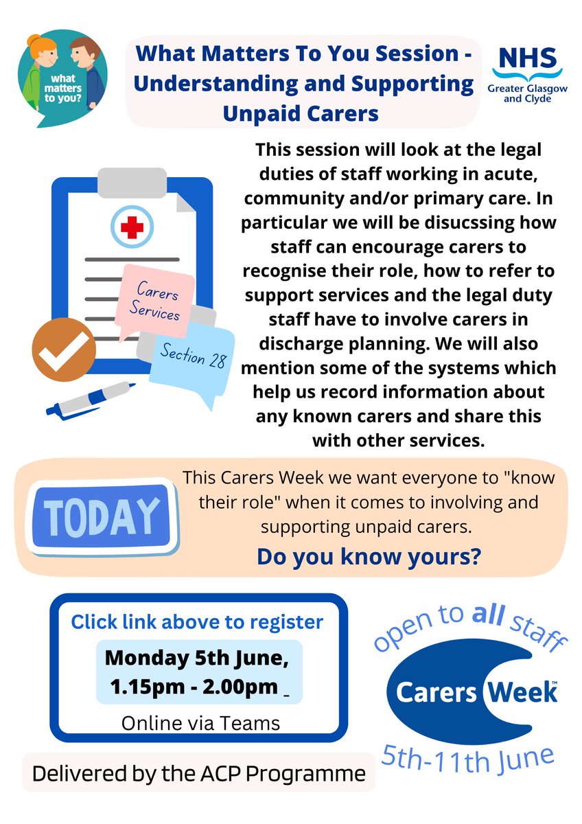 NHSGGC - Planning Your Care (@nhsggc_fcp) on Twitter photo “How do you support #unpaidcarers?”
A great info session - how to identify carers, offer support & involve carers in discharge planning 📝
WMTY page to book 👉 nhsggc.scot/your-health/pe…
<a href="/EastDunHSCP/">East Dun HSCP</a> <a href="/GCHSCP/">Glasgow City HSCP</a> <a href="/WDCouncil/">West Dunbartonshire Council</a> <a href="/RenHSCP/">Renfrewshire Health and Social Care Partnership</a> <a href="/InverclydeHSCP/">Inverclyde HSCP</a> <a href="/erhscp/">East Renfrewshire Health & Social Care Partnership</a> @nhsggc <a href="/NHSGGC/">NHS Greater Glasgow and Clyde</a>Carers “How do you support #unpaidcarers?”
A great info session - how to identify carers, offer support & involve carers in discharge planning 📝
WMTY page to book 👉 nhsggc.scot/your-health/pe…
<a href="/EastDunHSCP/">East Dun HSCP</a> <a href="/GCHSCP/">Glasgow City HSCP</a> <a href="/WDCouncil/">West Dunbartonshire Council</a> <a href="/RenHSCP/">Renfrewshire Health and Social Care Partnership</a> <a href="/InverclydeHSCP/">Inverclyde HSCP</a> <a href="/erhscp/">East Renfrewshire Health & Social Care Partnership</a> @nhsggc <a href="/NHSGGC/">NHS Greater Glasgow and Clyde</a>Carers