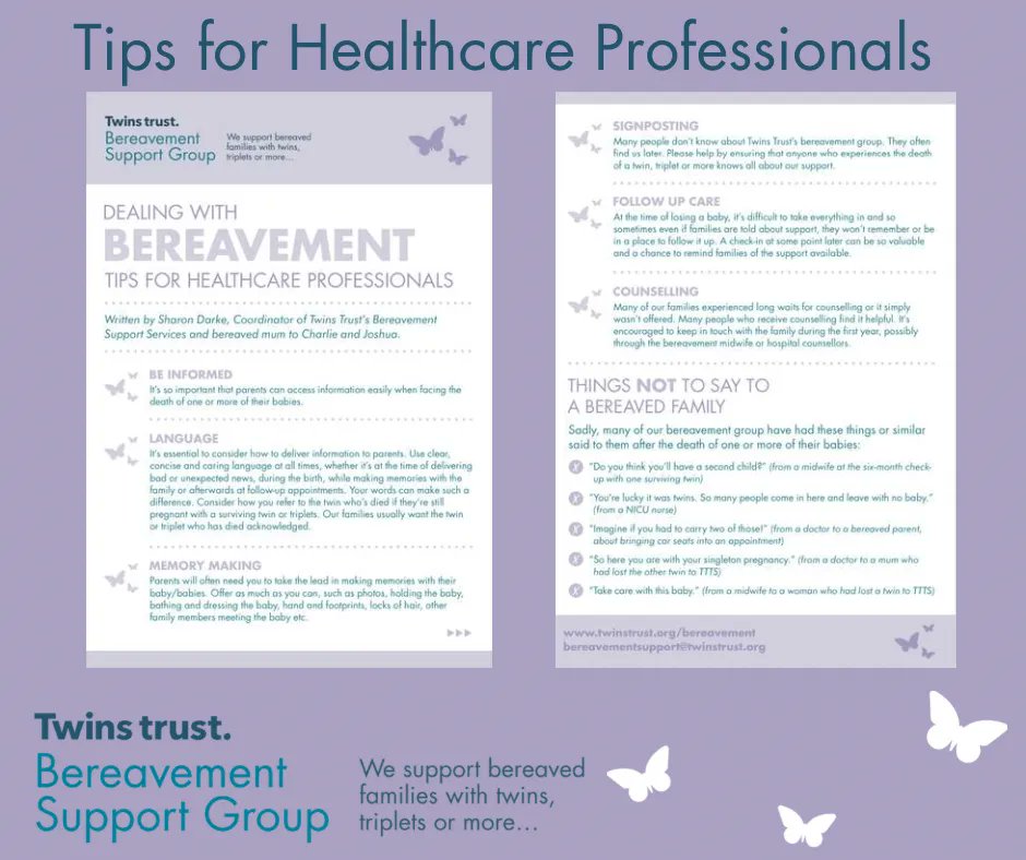 We have bereavement resources for health professionals looking after parents/ carers who experience the death of one or more of their multiples. You can find downloadable booklets and leaflets on our website or you can request hard copies. buff.ly/3bV88xs @TwinsTrust