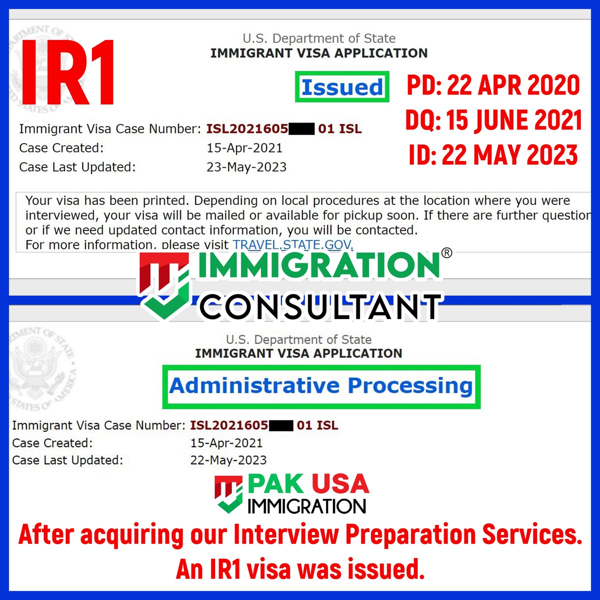 IR1 VISA ISSUED:
After acquiring our INTERVIEW PREPARATION SERVICES, an IR1 Visa was ISSUED today.

#usimmigration #PakUSAImmigration #MJImmigrationConsultant #F2A #IR1 #CR1 #IR5 #PakUSImmigration #USVisa #USCIS #NVC #immigrationconsultant #US #USA #pakusat75