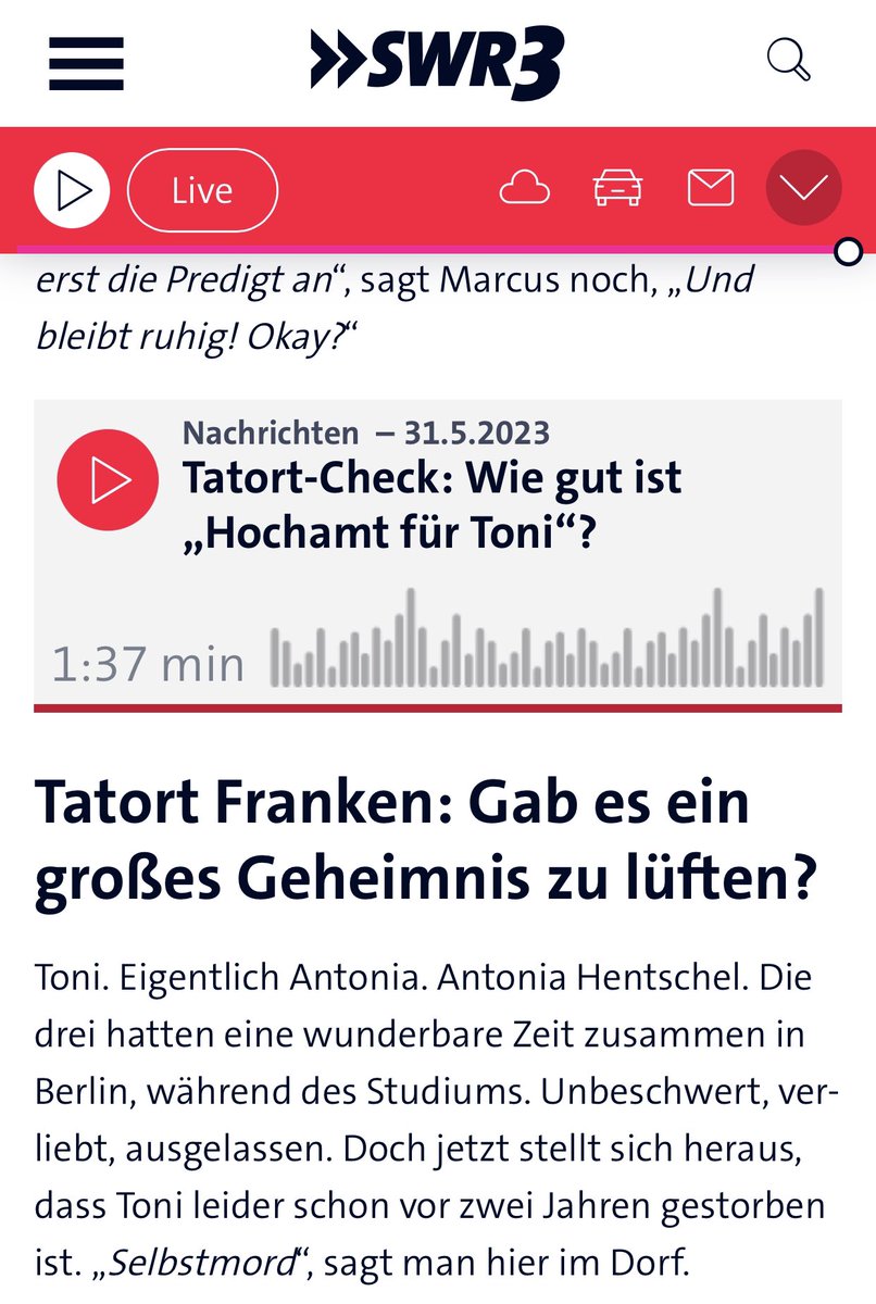 Hallo <a href="/swr3/">SWR3</a> warum kann man manchmal den Tatort Check hier abspielen und nanchmal gibts diese Option nicht? Ich mag den Tatort Check immer gerne