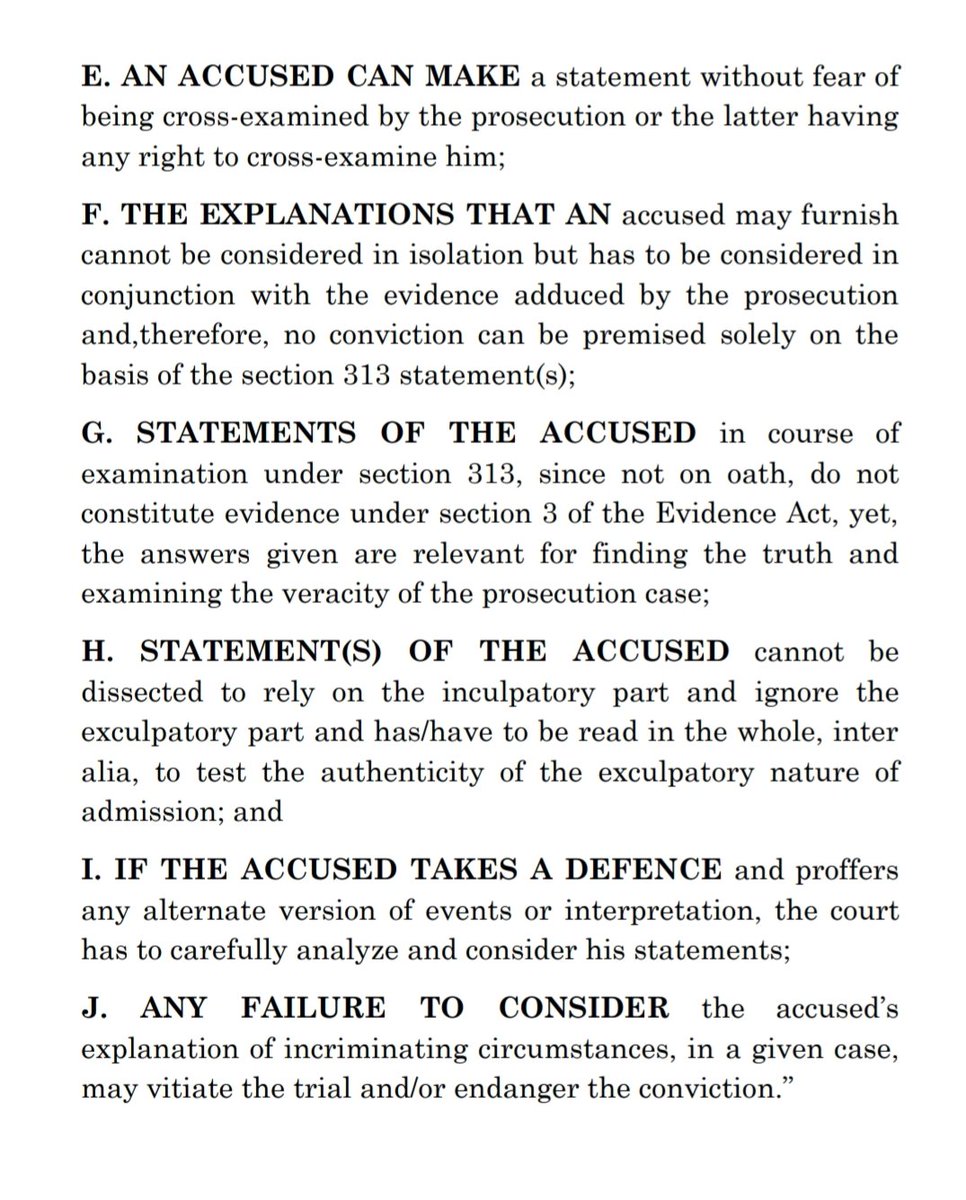 Sec 313 of CRPC provides for the examination of accused by Court
Court "MAY" at any stage, put questions to him and  "Shall", after prosecution evidence question him generally about case
Hon'ble SC recently summarized the law r/to 313 in Prem Chand vState of Mahrashtra
Summary 👇