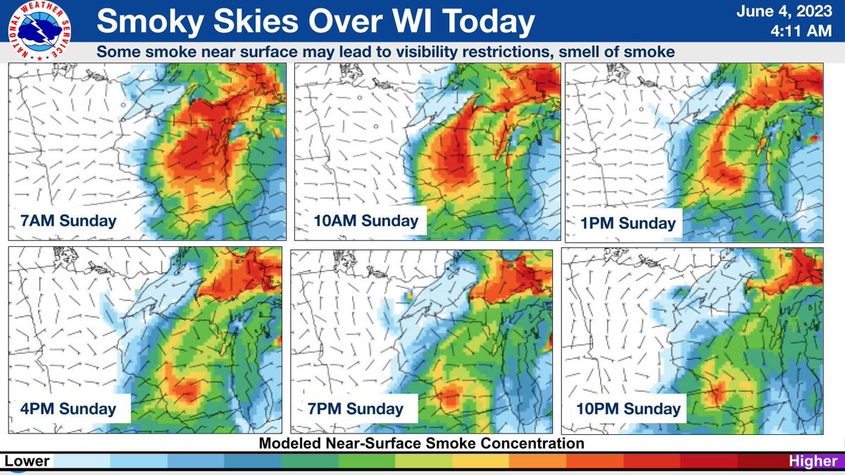 Smoke will be possible today over northern Wisconsin, including near the surface, coming from Canadian and Michigan wildfires. This should clear out in WI with Monday's cold front. #mnwx #wiwx