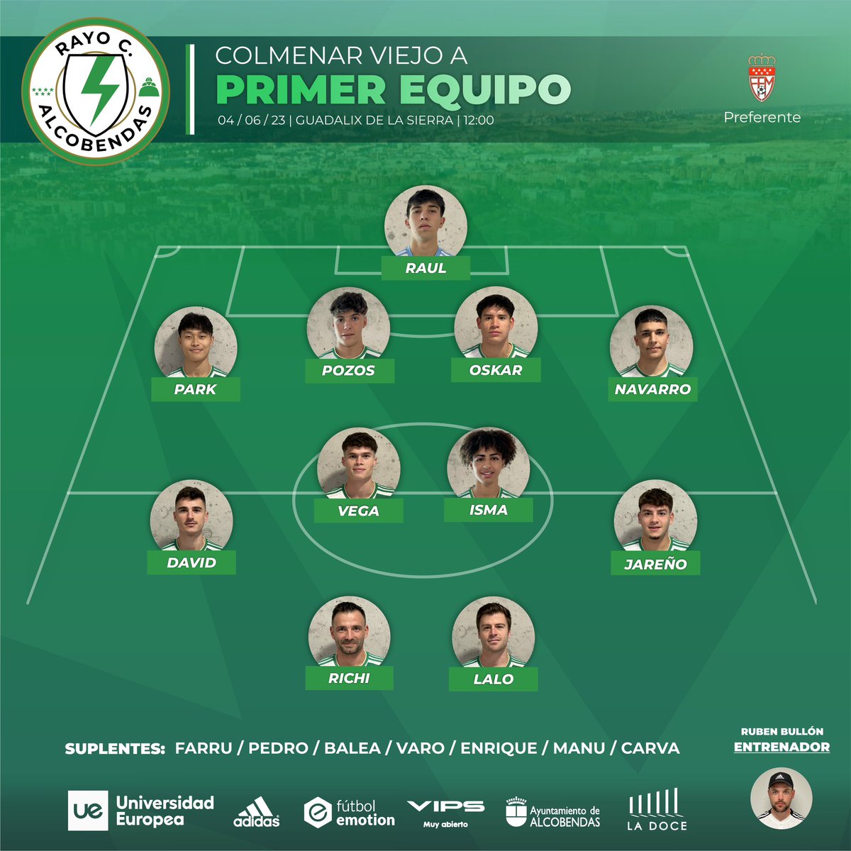 ⚡️MATCHDAY

⚽️ Colmenar Viejo A vs Primer equipo
⏱ 12:00
🗓 J33 | Preferente 
🏟️ Guadalix de la Sierra

💪🏻💚🤍🙌🏻

#somosrayo