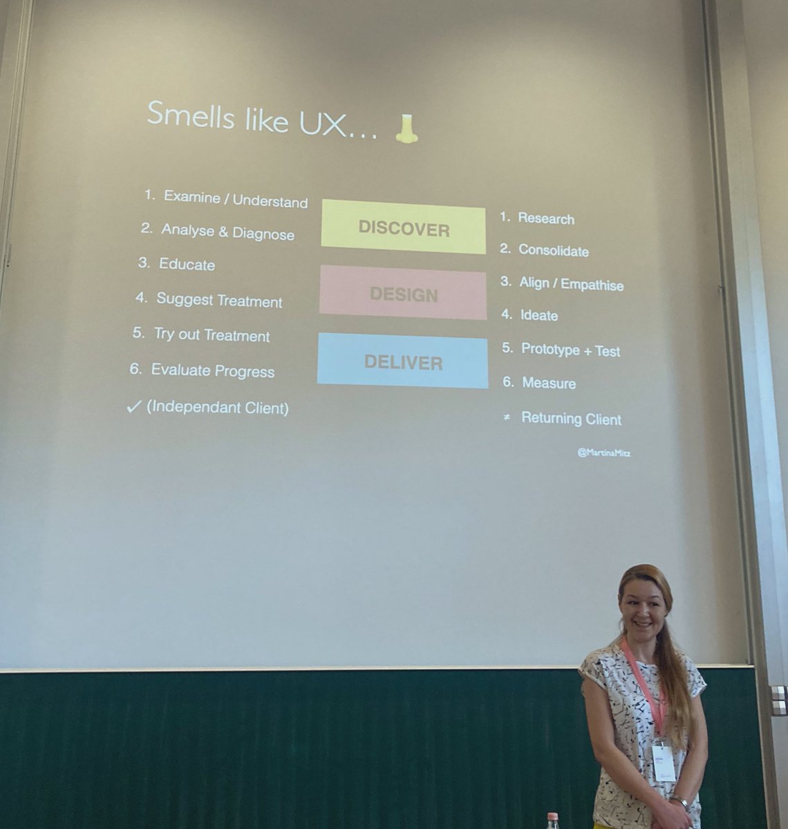 Nice comparison of psychotherapy to design process, by <a href="/MartinaMitz/">Martina Mitz 🧠</a> at #uxce23: