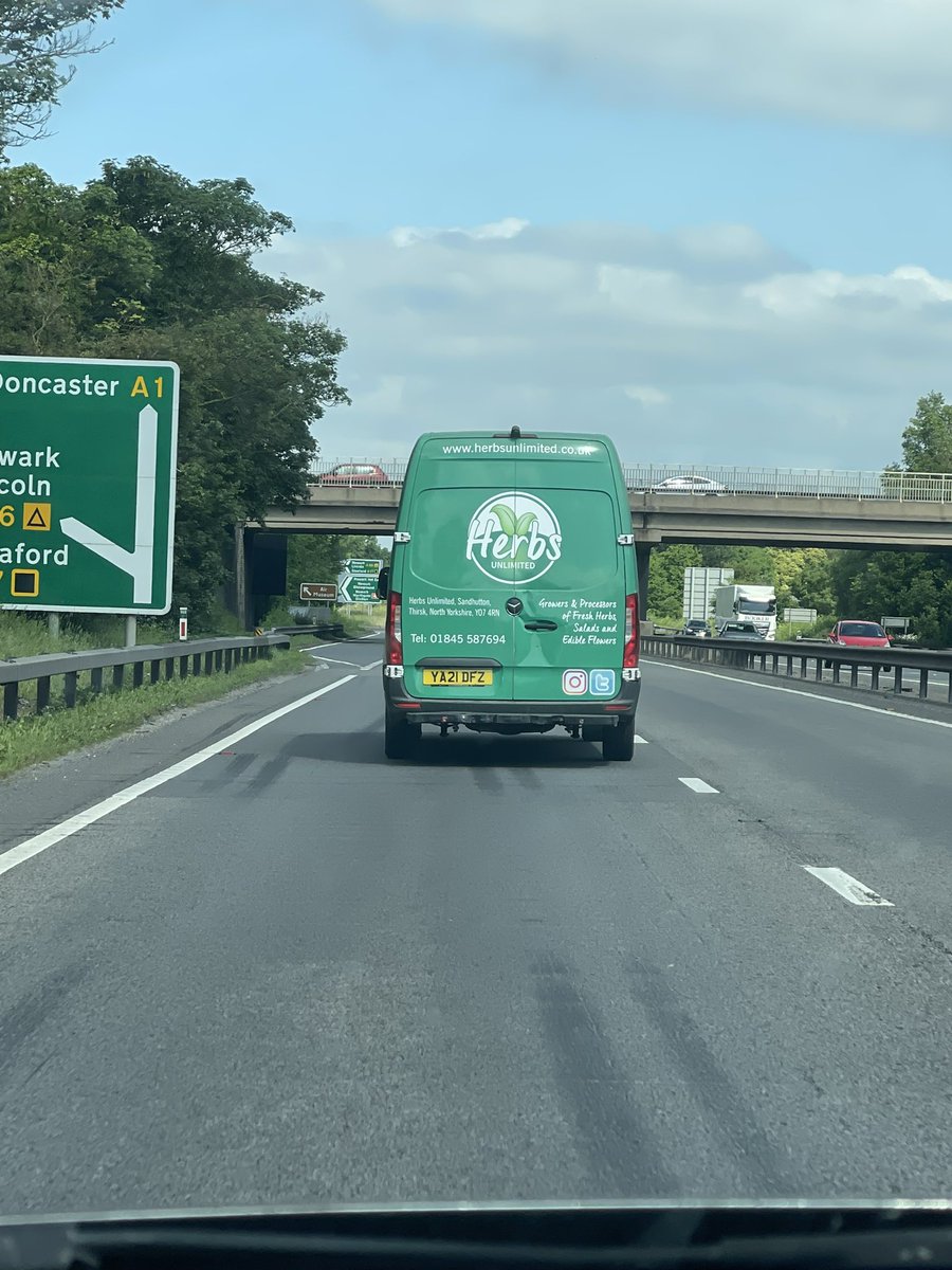 thompsonbel's tweet photo. @HerbsUnlimited maybe have a word with whoever is driving this van on the A1 today, sat in the fast lane and wouldn’t move over, every time we pulled into the slow lane he did the same and then when we moved back to fast lane he blocked us again https://t.co/QzdCRN5LYj