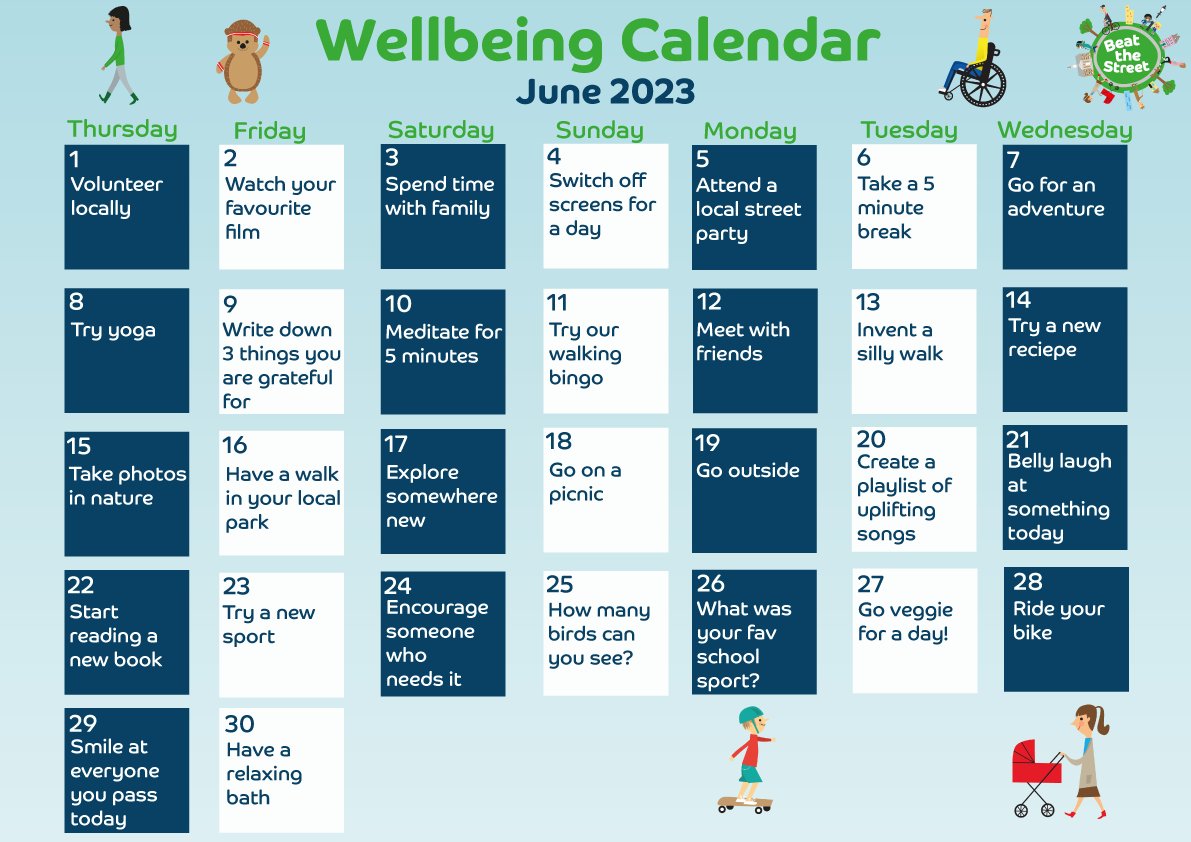 Fancy trying something new? Give our #wellbeing calendar a go! Focusing on your wellbeing in combination with exercise and diet can transform your overall lifestyle. Start small and build up over time. See how many you can tick off the calendar this month.