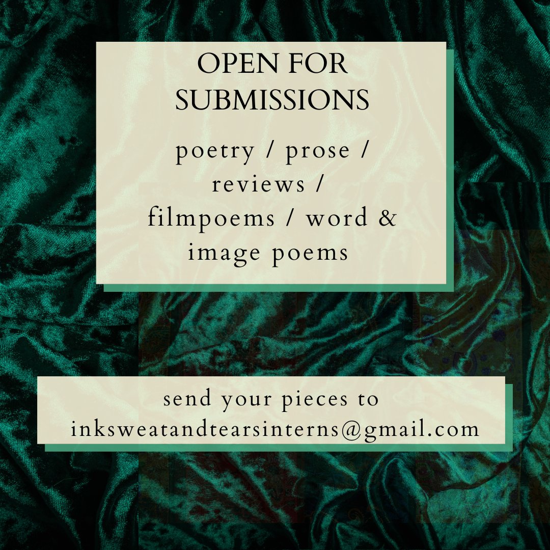 InkSweatTears's tweet image. Hello everyone, Prerana (@thatmoonpoet) here again🌙🖤
I’m open for submissions for poetry and prose, and we're particularly looking for more reviews, filmpoems, and Word &amp;amp; Image poems. Submit to inksweatandtearsinterns@gmail.com by the 15th of June. 

#Submissions