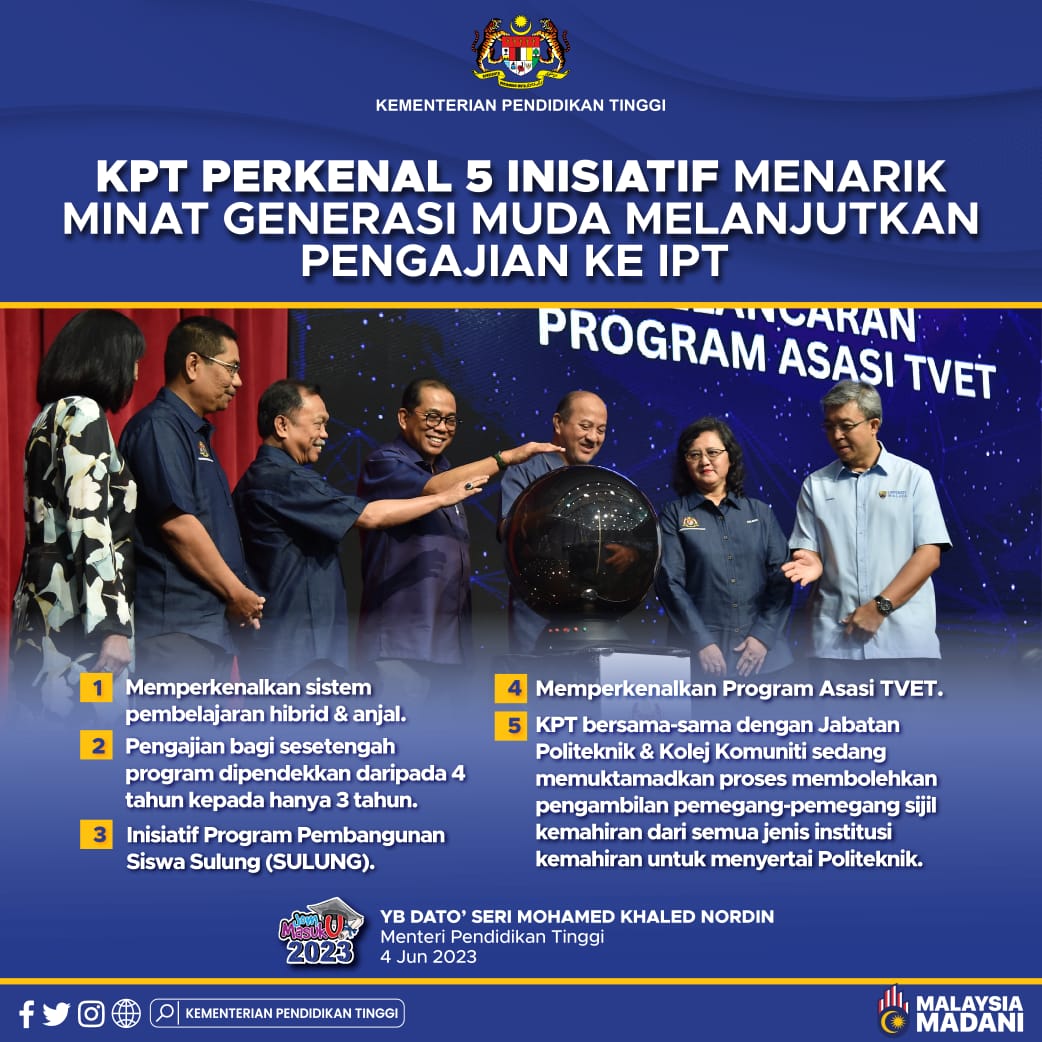 [INFOGRAFIK] KPT PERKENAL 5 INISIATIF MENARIK MINAT GENERASI MUDA MELANJUTKAN PENGAJIAN KE IPT

1. Memperkenalkan sistem pembelajaran hibrid dan anjal. 
🔹 95 Program Pengajian Ijazah Sarjana Muda daripada 19 Universiti Awam bersedia melaksanakan pembelajaran anjal bermula