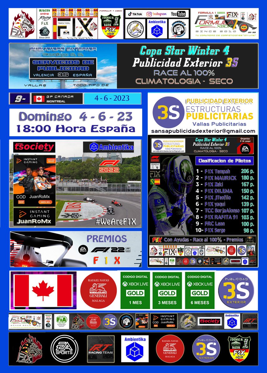 XboxFormula's tweet image. F1  22-CrossPlay
12ª Temporada
Race 9/14
C.S.Winter 4
Estructuras Publicitarias 3S
Hoy Domingo 4-6-23
17:30  H. Madrid 
GP Canada

Directo
twitch.tv/formulaunoxbox
Casters
@F1XJuanRo &amp;amp; @soy.espirok
Premios
P1 +P2=6 m. T.L.Gold
P3+P4+P5=3 m.