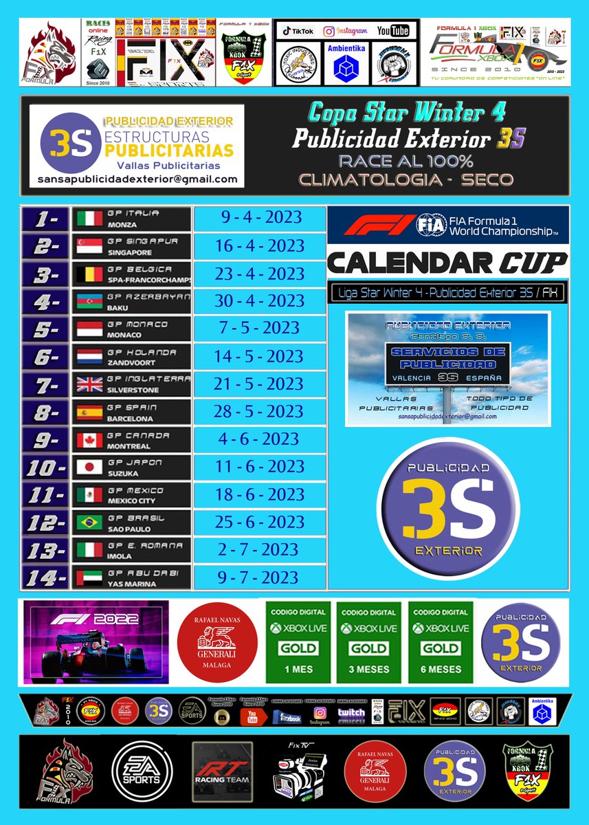 XboxFormula's tweet image. F1  22-CrossPlay
12ª Temporada
Race 9/14
C.S.Winter 4
Estructuras Publicitarias 3S
Hoy Domingo 4-6-23
17:30  H. Madrid 
GP Canada

Directo
twitch.tv/formulaunoxbox
Casters
@F1XJuanRo &amp;amp; @soy.espirok
Premios
P1 +P2=6 m. T.L.Gold
P3+P4+P5=3 m.