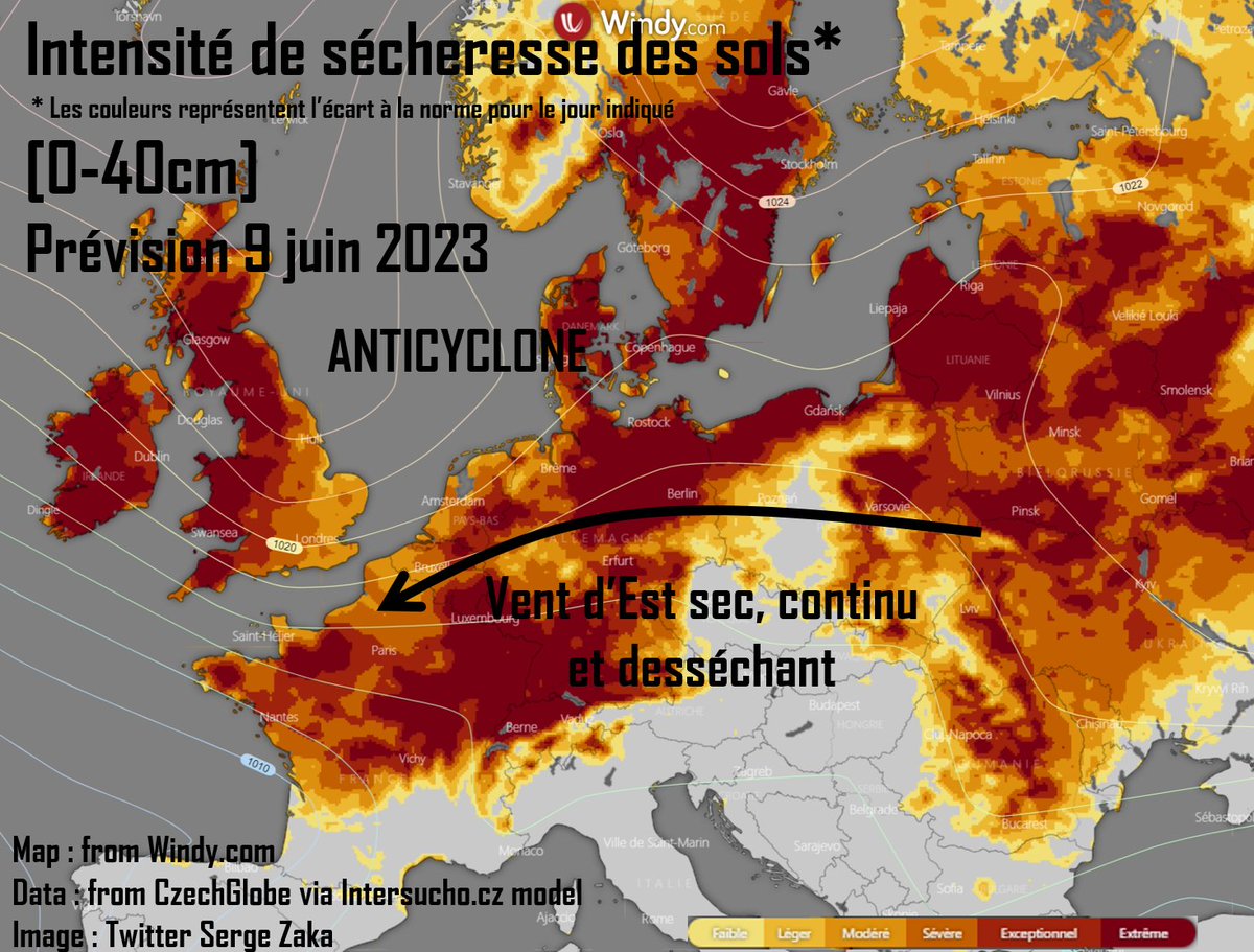 Demain, Paris atteindra son 21ème jours sans pluie avec un vent d'est desséchant : une série rare en mai/juin. Il faut remonter à 1949 pour trouver un cas similaire. Les sols agricoles ont déjà perdu tout le capital d'eau accumulé en mars/avril. Quels impacts agricoles ?