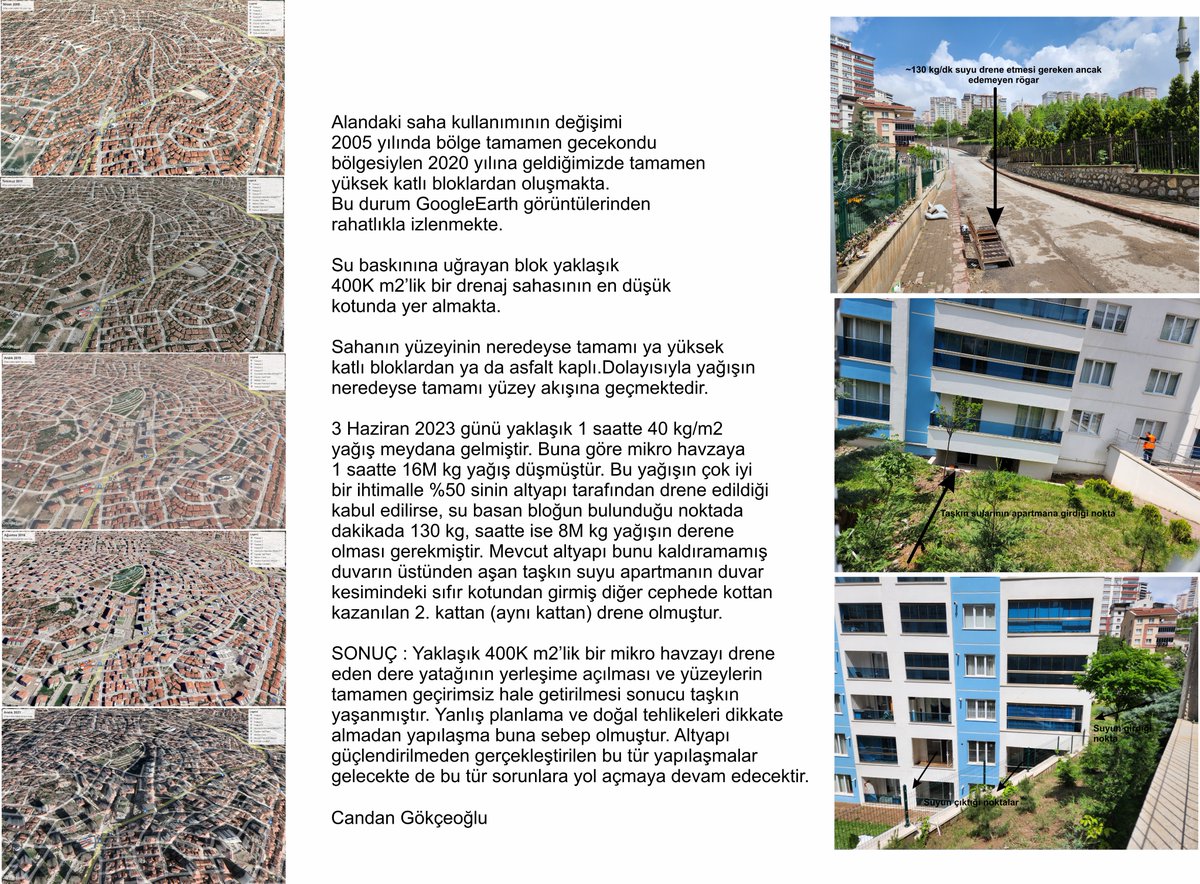 3 Haziran 2023 günü Ankara'da meydana gelen şiddetli yağış ve sonucu oluşan taşkında, sembol videonun çekildiği noktaya ilişkin görüş ve değerlendirmelerim aşağıdaki posterde verilmektedir.
Hatalı planlama, olası doğal tehlikelerin dikkate alınmaması bu sonucu oluşturmuştur.