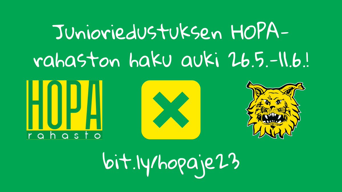 Junioriedustuksen kesän HOPA-rahaston stipendihakemuksia ehtii jättämään vielä viikon ajan! ➡️ bit.ly/hopaje23

HOPA-rahaston stipendeillä tuetaan taloudellista tukea tarvitsevia, Ilveksessä harrastavia lapsia ja nuoria 🟡🟢

#keltavihreä #ilves #junioriedustus #HOPA