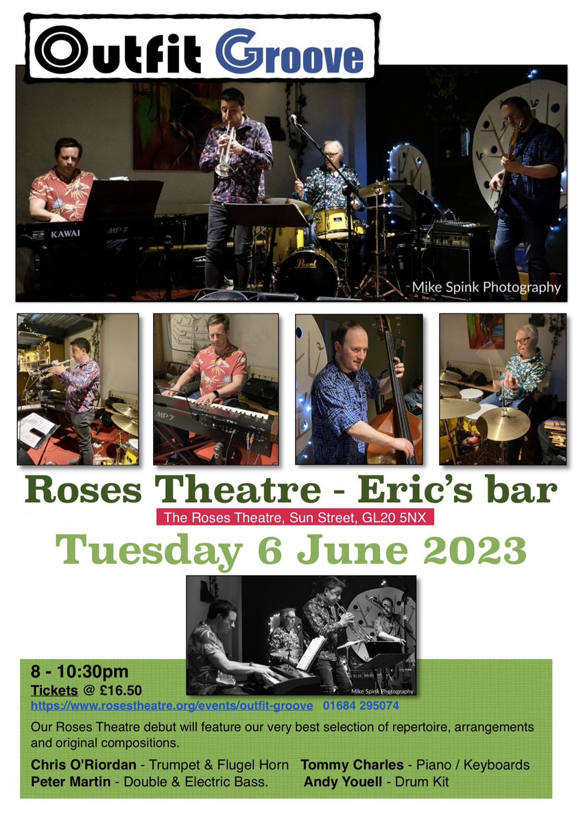 #OutfitGroove at @RosesTheatre #Tewkesbury Eric’s bar Tuesday 6 June 🎺 Join us for our only summer gig! 🎹 2 sets 20:00 - 22:30 🎸 A relaxed, chilled bar space with #LiveMusic. 🥁 Tickets (to guarantee a seat) on weblink below rosestheatre.org/events/outfit-…