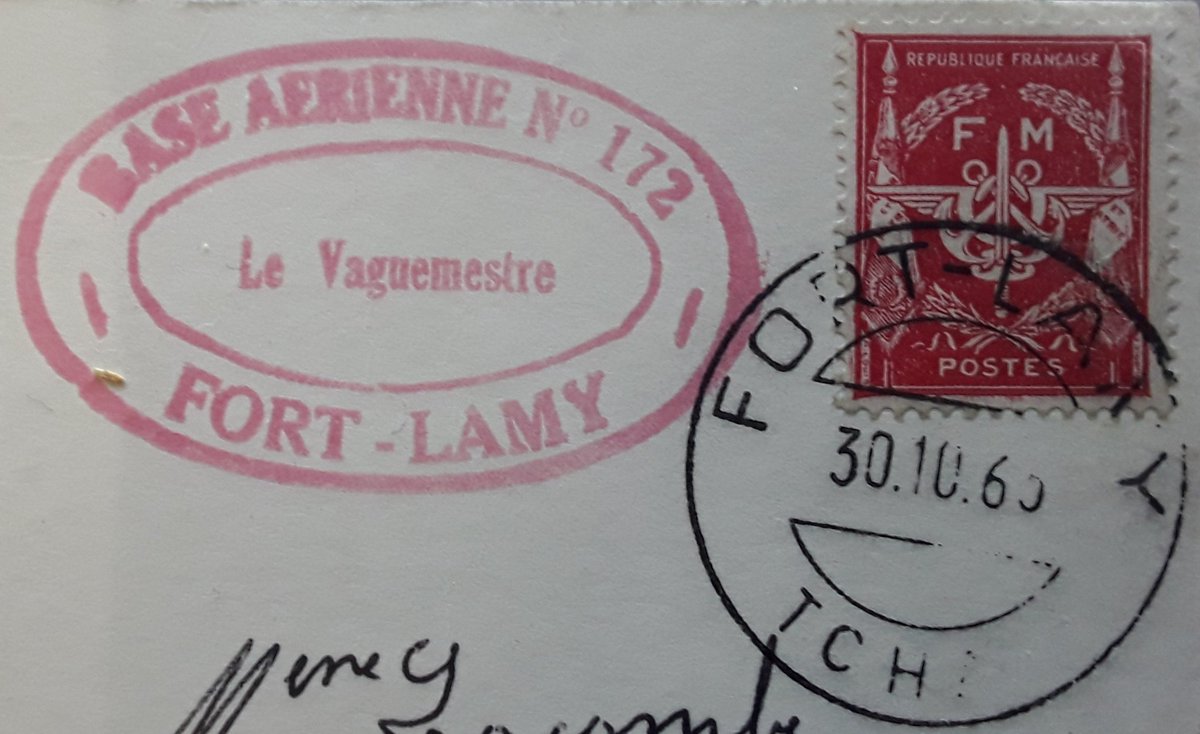 Stamp_Daily's tweet photo. I like finding #usedoncover examples of #military frank stamps. #StampDaily is a great example of the 1946 design French Franchise Militaire stamp used at the Air Force base in Fort Lamy, #Chad #Tchad on a #postcard to #France. #philately #philatelie #stamps #timbres #briefmarken https://t.co/fR55Km4nV8