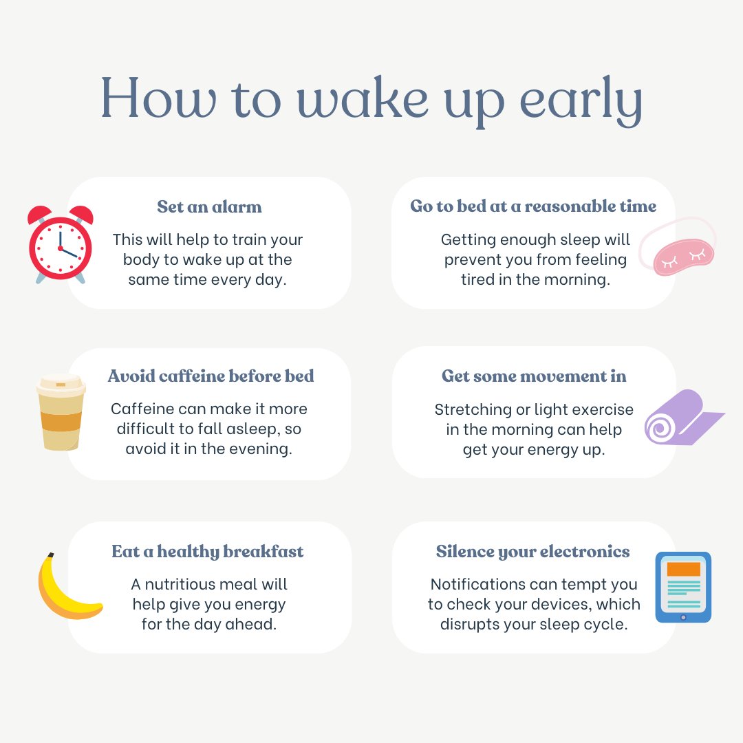 The early bird gets the worm! 🌅 Here are some helpful tips to make waking up early a breeze. ⏰