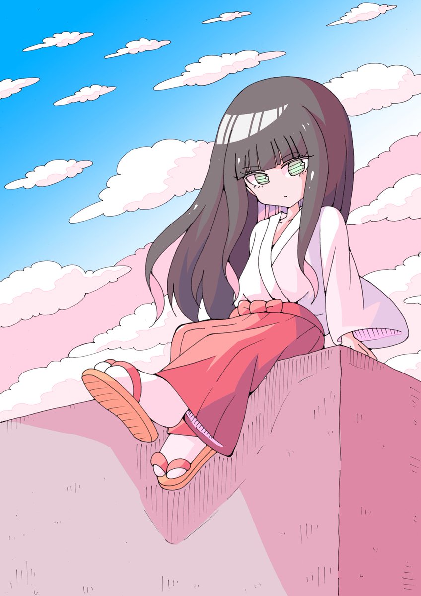 1girl japanese clothes solo long hair green eyes sky miko  illustration images