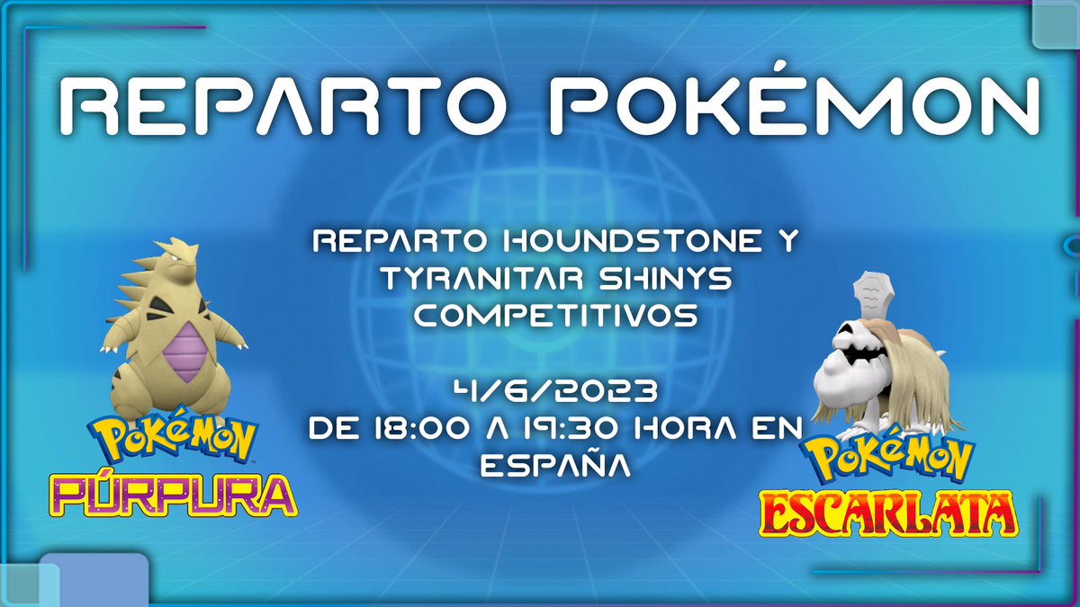 Hoy a las 18:00h en España estaré repartiendo Houndstone y Tyranitar competitivos.         

Link: youtu.be/JQ4hghEZd_s

#Pokemon #Giveaways #Giveaway #Reparto #RepartoPokemon #PokemonGiveaways #YouTuber #YouTubers #YouTube #youtubechannel #pkmn #PokemonEscarlataPurpura