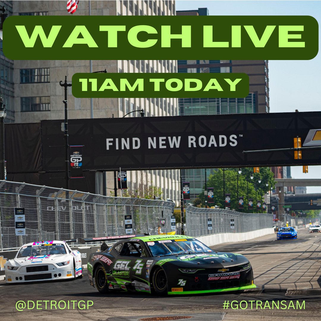 We’re back for one more race day at the @detroitgp. Today we go 75 minutes beginning at 11 a.m. EDT with live streaming on the #GoTransAm and #SpeedTourTV channels on YouTube, and live on @mavtv. @connorzilisch starts on the pole again, @benmaier67 15th. #TeamChevy @GelBlasters