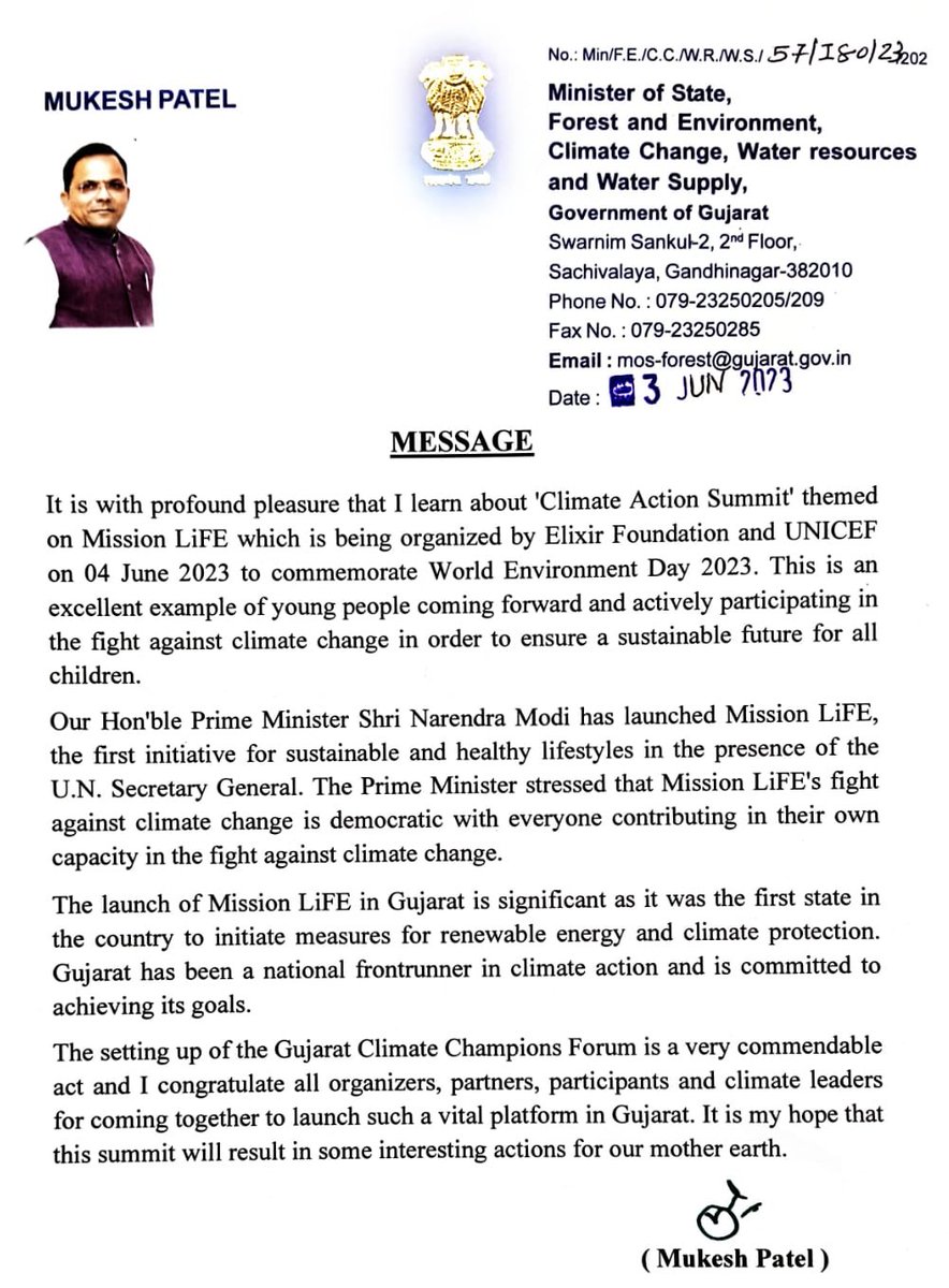 Grateful for the visionary leadership & commitment of Shri @mukeshpatelmla, Minister of State for Forest, Environment & Climate Change, GoG. His invaluable support to the Climate Action Summit & efforts of the Climate Champions Forum will pave the way for a greener Gujarat 🌳