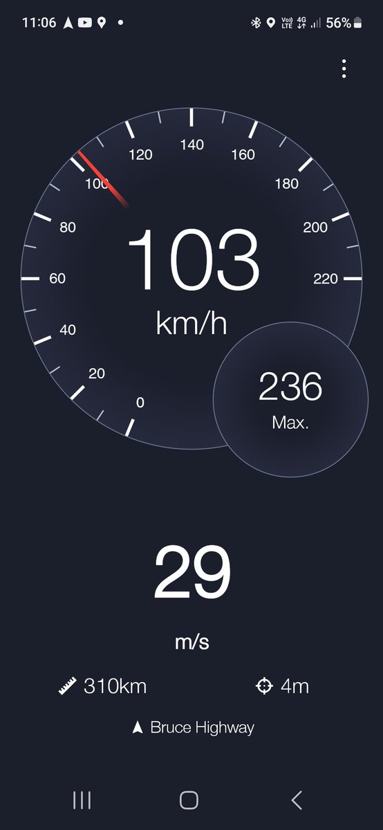 29 metres per second,.....must have new drive tyres,....bigger circumstances/circumference with new tread,...28 metres per second is bang on the dollar