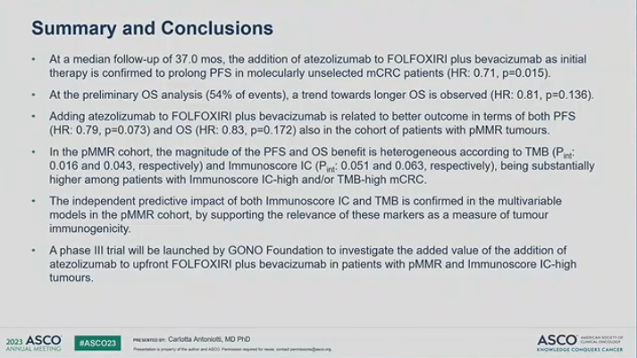 #ASCO23 
FOLFOXIRI plus bevacizumab and atezolizumab as upfront treatment of unresectable metastatic colorectal cancer (mCRC): Updated and overall survival results of the phase II randomized AtezoTRIBE study.

Presented by Dr. Carlotta Antoniotti👇

<a href="/OncoAlert/">OncoAlert</a>