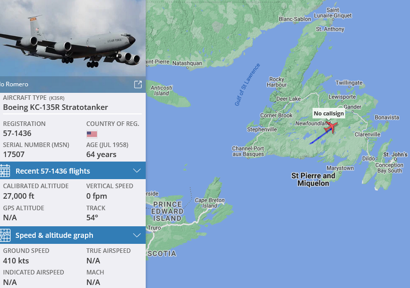 SirListenalot's tweet photo. #KC135 #AE0265 as #VINYL11 out of Halifax on its way to pick up (six) "ID" #A10's as #CUBE11, that departed Gander and will hold over BUDAR https://t.co/R5KQMAhp3j